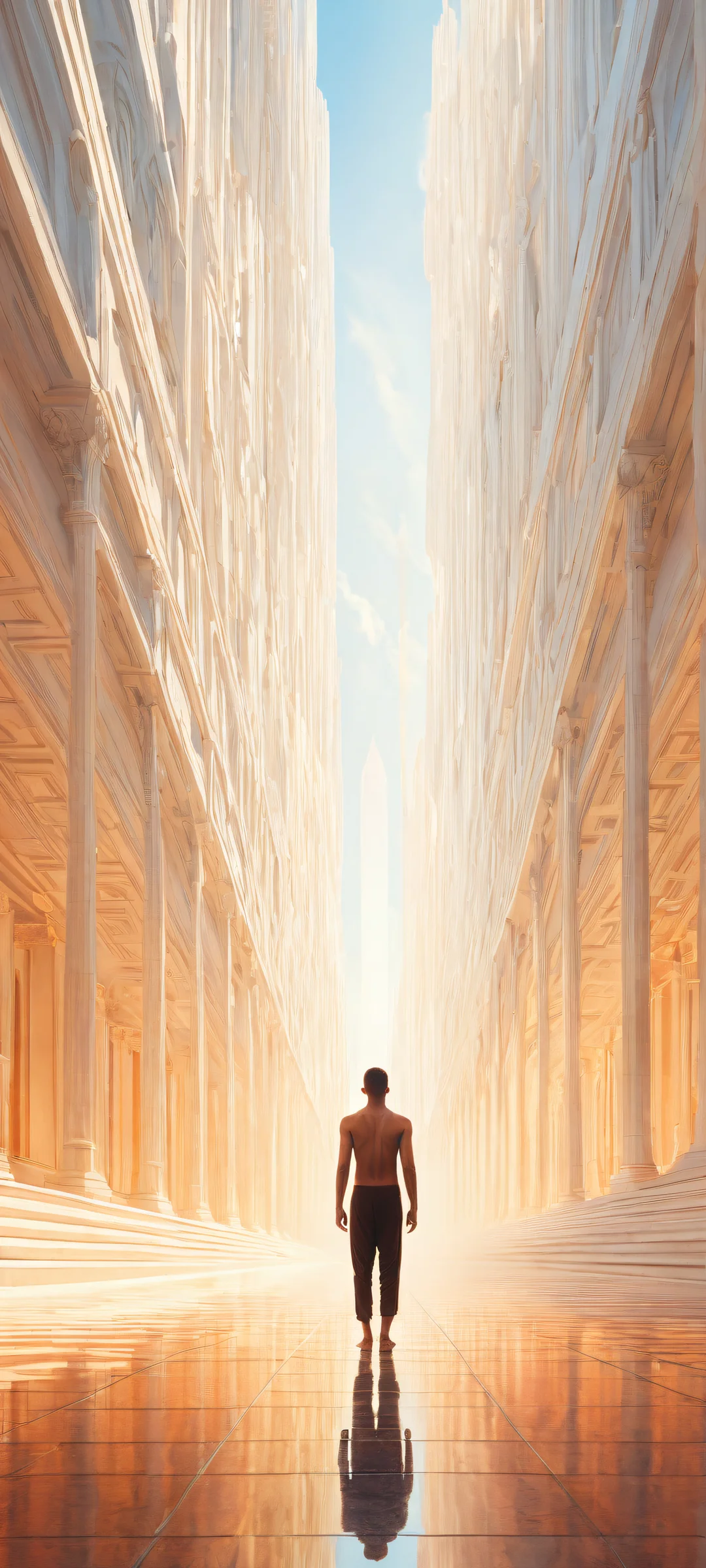 Breathtaking vertical portrait artwork of abstracted human figures fading into the distance on iPhone/Android. Radiant colors, ray traced reflections.