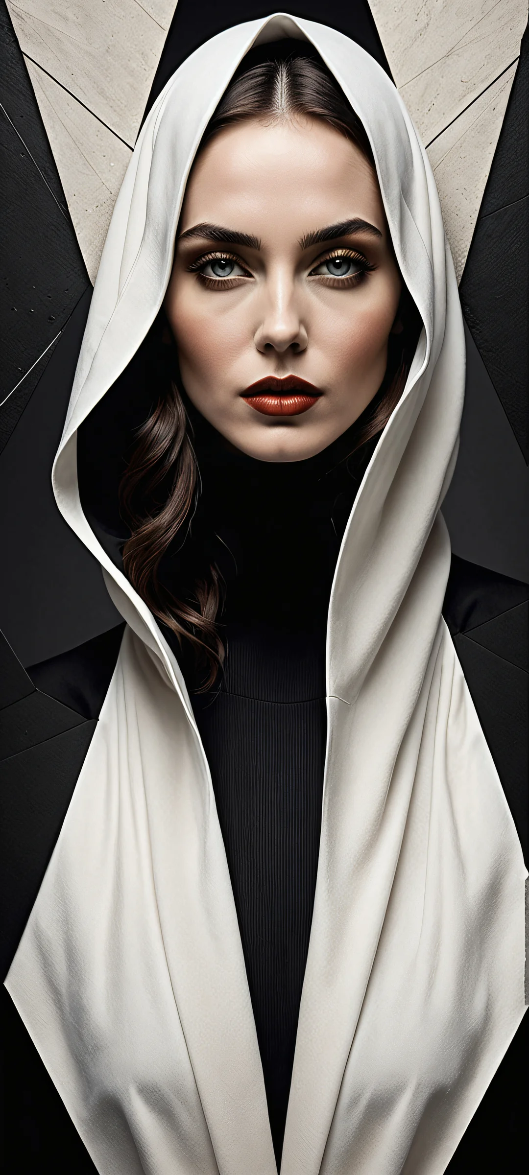 iPhone and Android users will marvel at this breathtaking vertical portrait artwork featuring intricate geometric shapes in the lower-middle, perfectly clean top half, and striking contrast. Perfect for your phone's home screen.