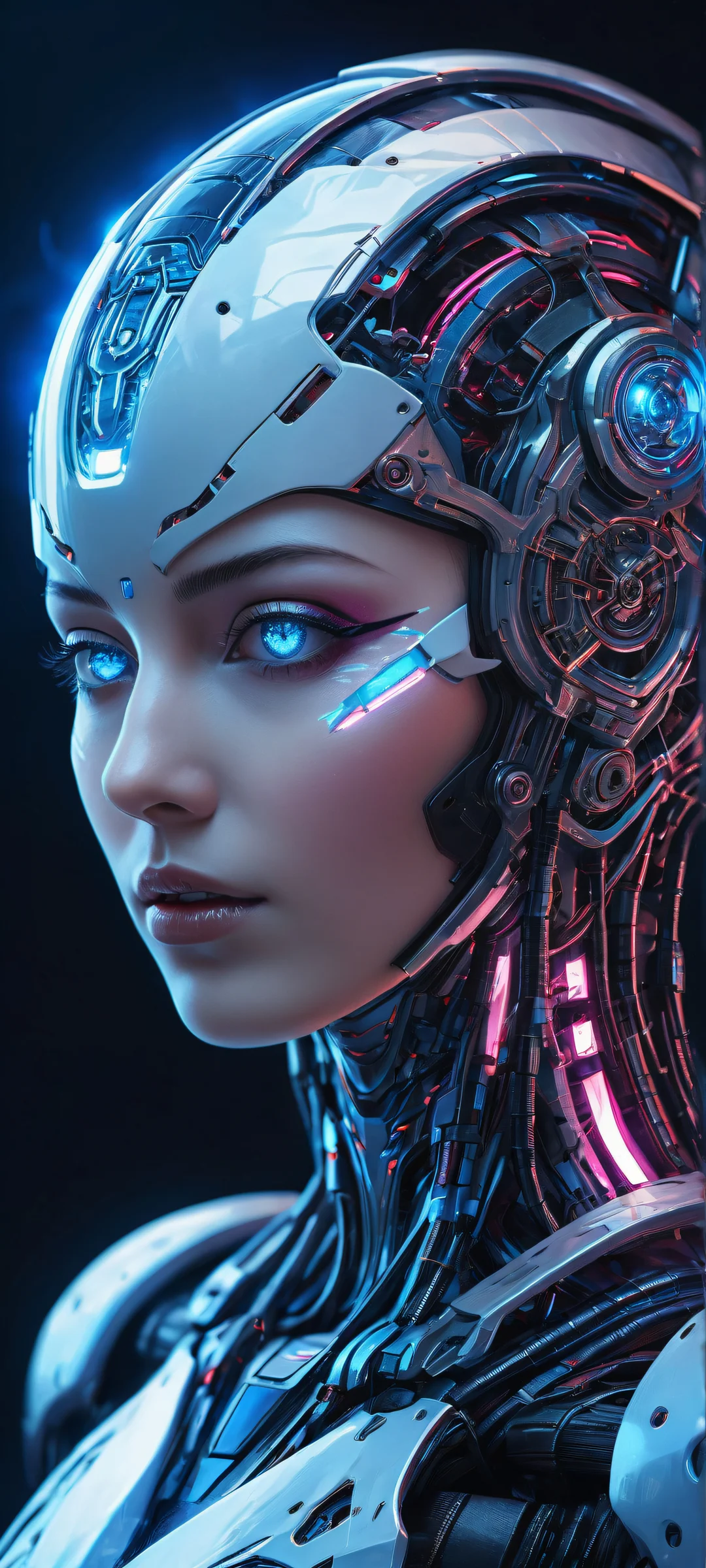 A stunning portrait of a robot girl on an iPhone/Android device, featuring intricate circuitry and glowing blue accents against a plaid background.