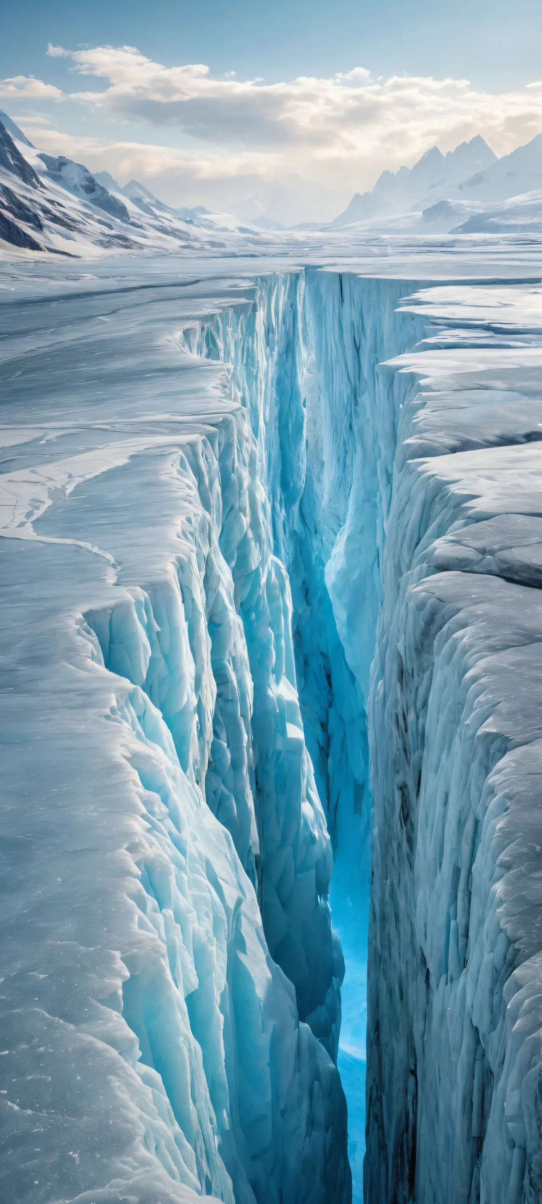 A serene iPhone/Android wallpaper featuring a breathtaking vertical portrait of glaciers in the lower middle with intricate micro-details, juxtaposed against a perfectly clean and empty prairie top half with subtle ray traced reflections.