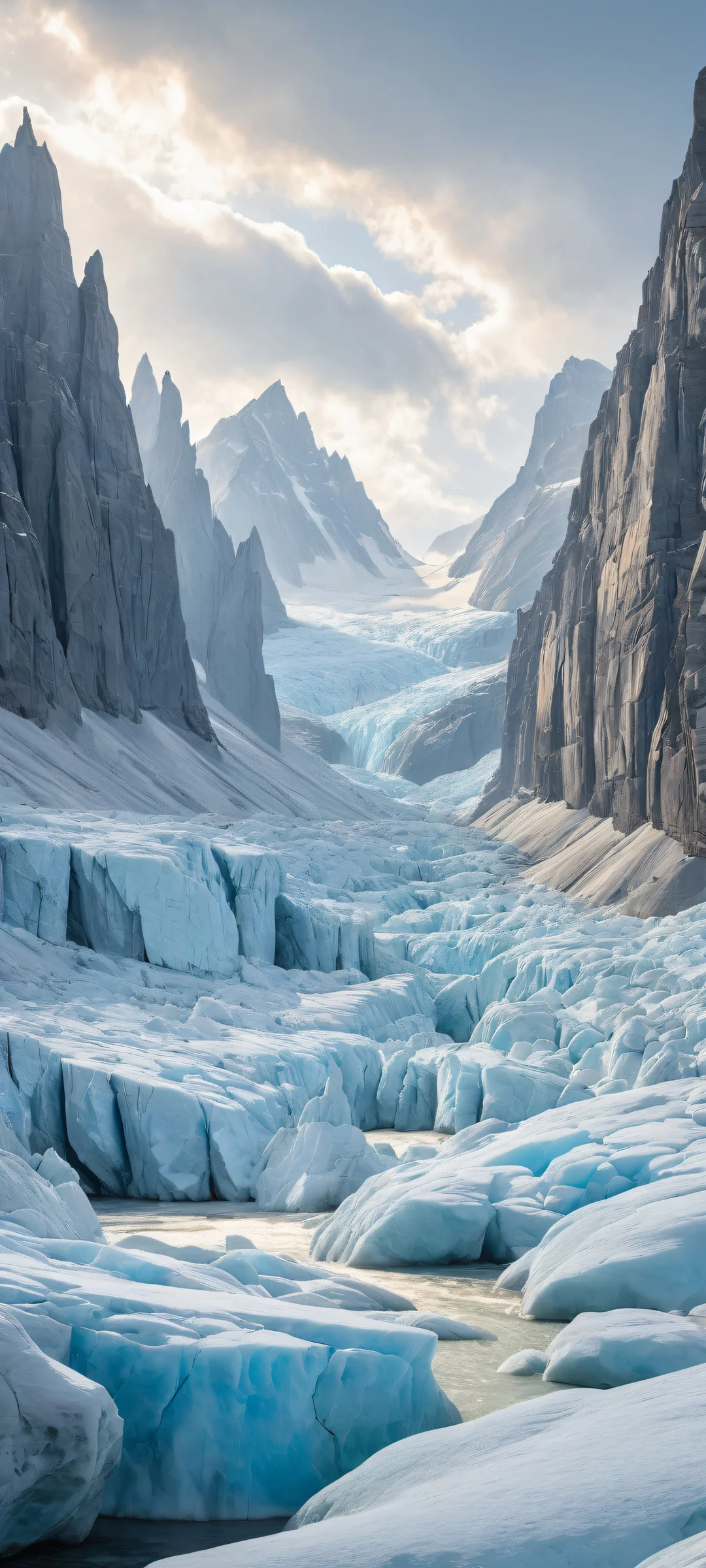 Stunning digital artwork of glaciers on iPhone/Android home screens with serene prairie backdrop and ethereal lighting.