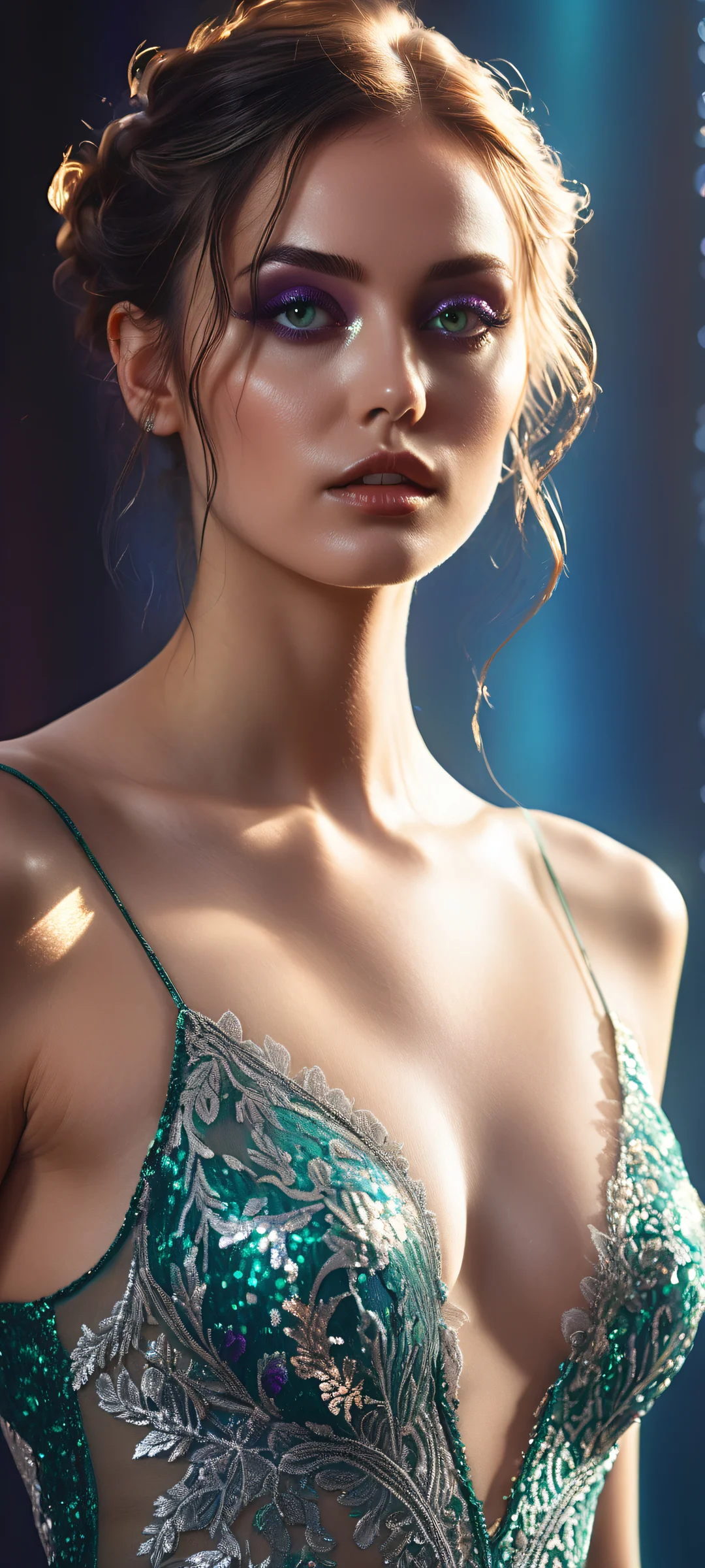 Supermodel portrait with intricate details and a dark concert stage background for iPhone/Android wallpapers.