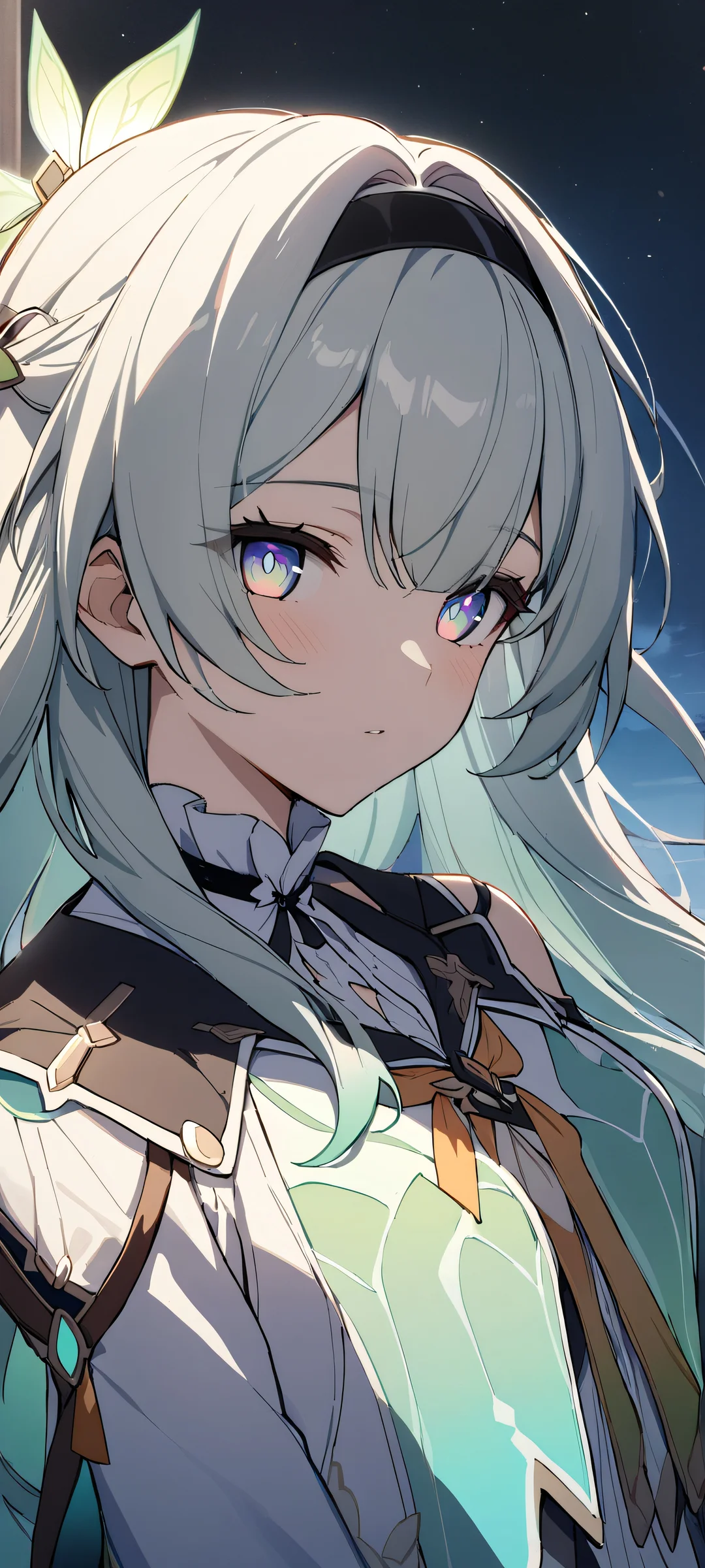 A solo anime girl gazing directly at the viewer amidst a vibrant firefly-lit background on an iPhone or Android home screen.