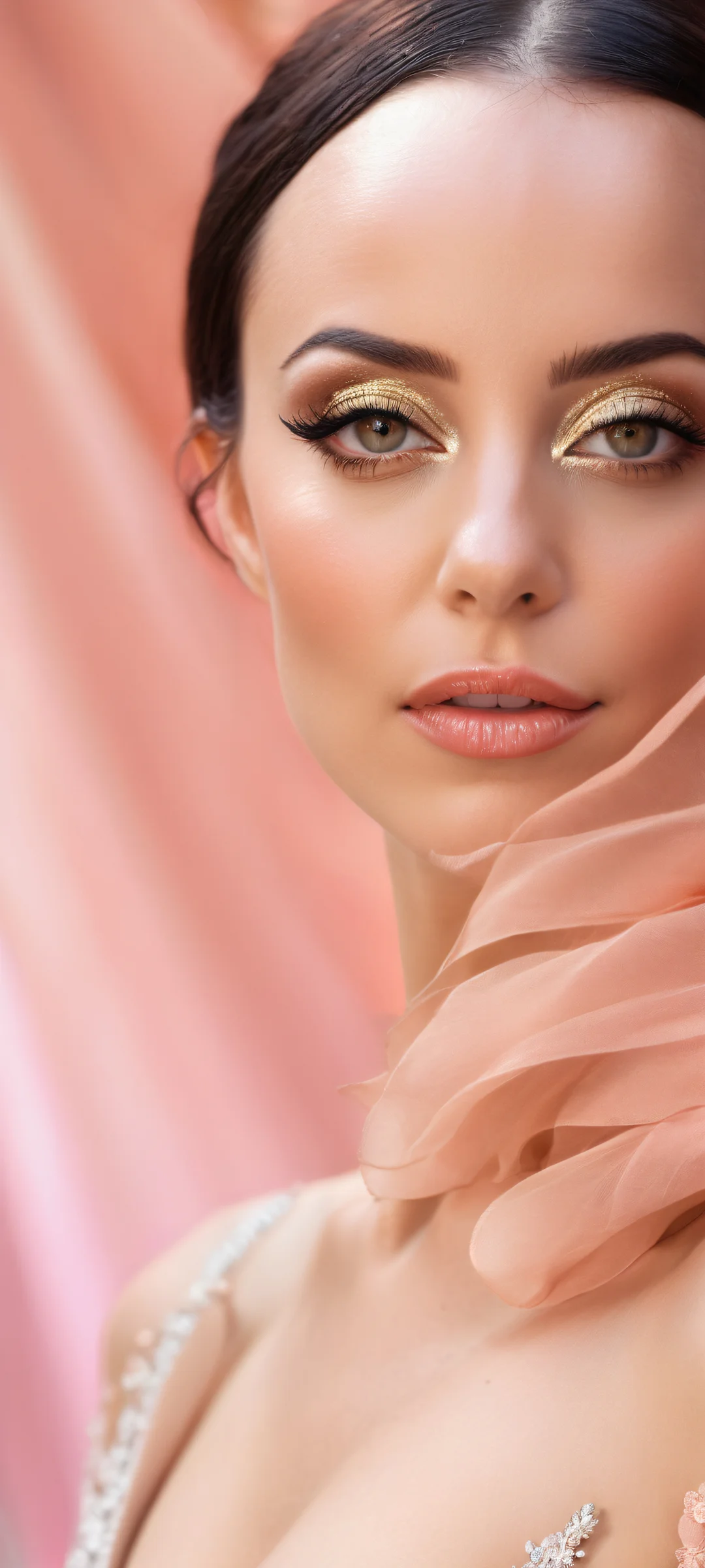 French Singer Alizee in a beautiful portrait artwork for iPhone/Android. Perfectly clean and empty top half with a vast pure void, perfectly aligning with the 16:9 aspect ratio.