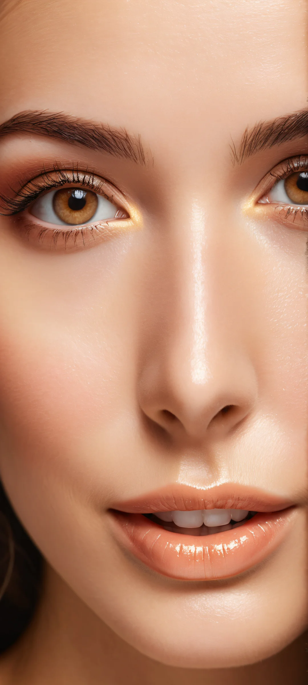 A captivating portrait of a young woman with luscious eyelashes and a warm smile on iPhone/Android home screens, with radiant lighting and brilliant colors.