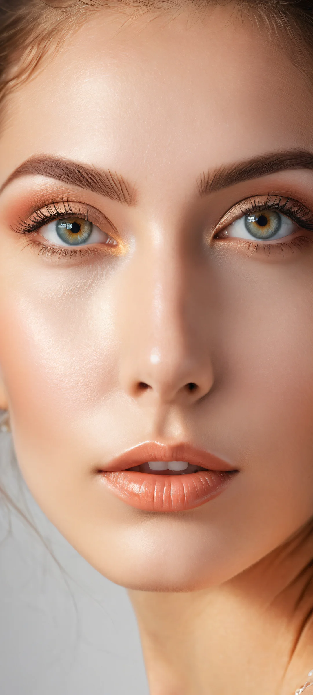 Ethereal Glow Aesthetic Phone Wallpaper A stunning woman with exquisite features on a serene background for iPhone and Android devices.