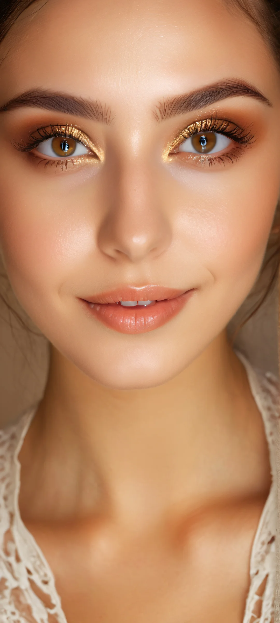 A captivating girl with radiant brown eyes and a warm smile, iPhone/Androidのホーム画面に完全に最適化.