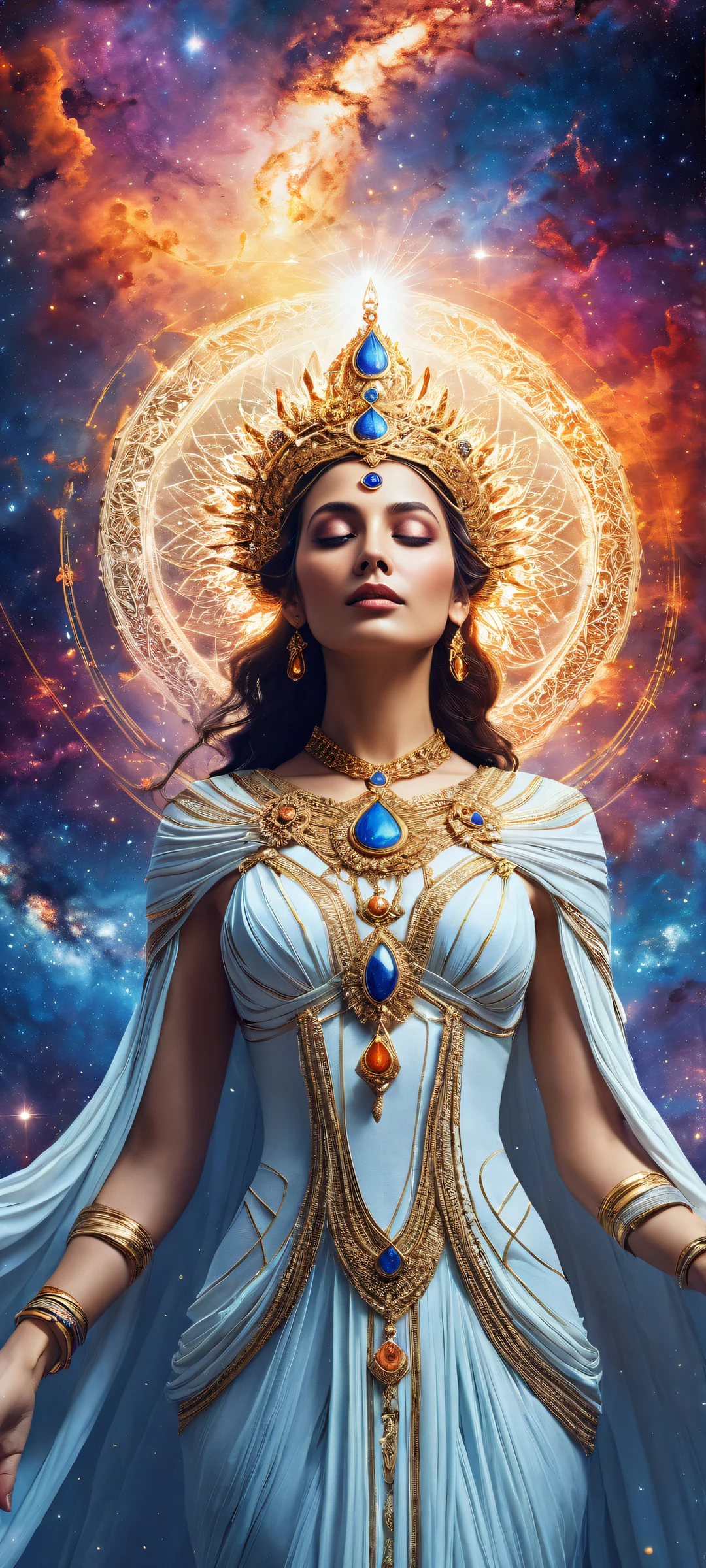 A stunning portrait of a lone goddess amidst swirling galaxies and vibrant planetary activity, perfectly optimized for iPhone and Android home screens.