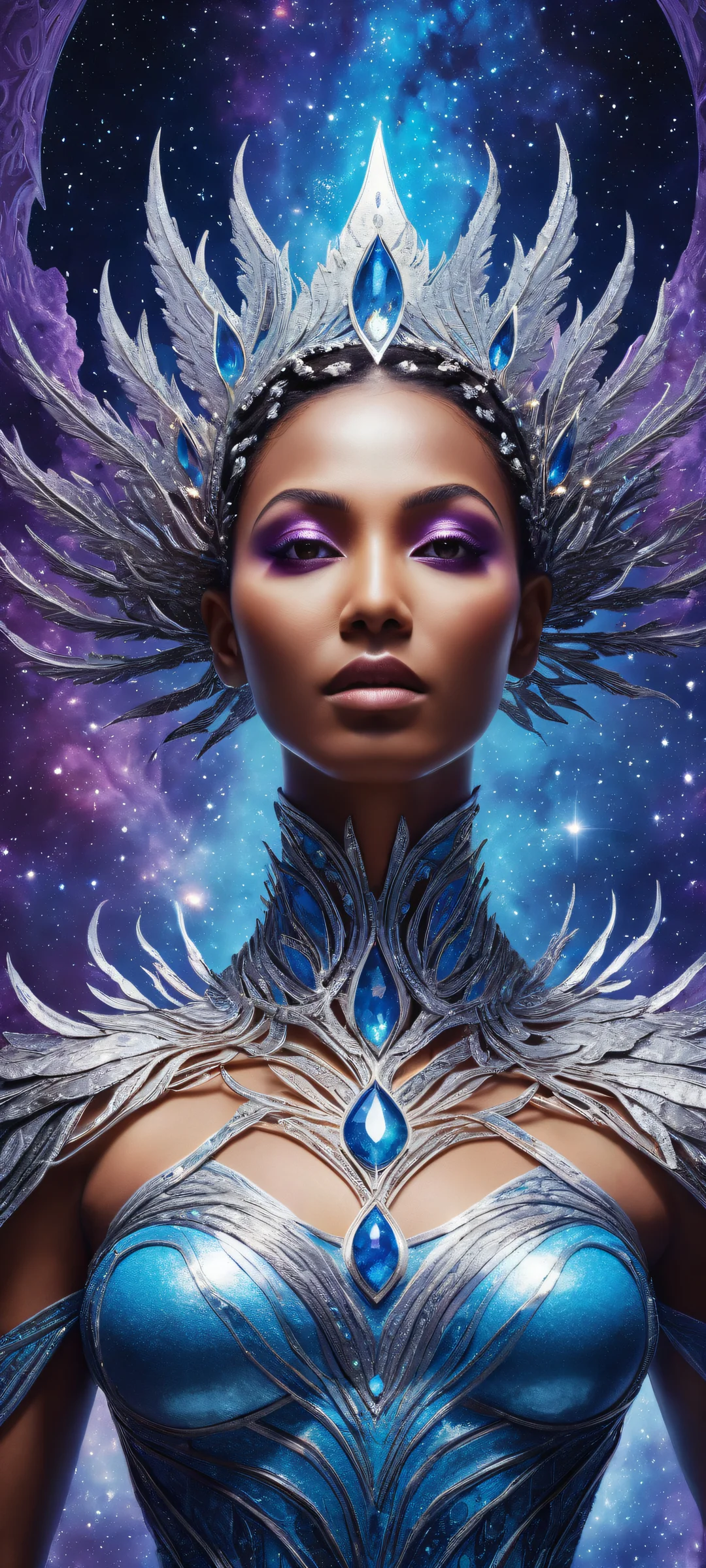 A stunning portrait of a goddess amidst galaxy formations and celestial bodies, perfekt für iPhone/Android-Startbildschirme.