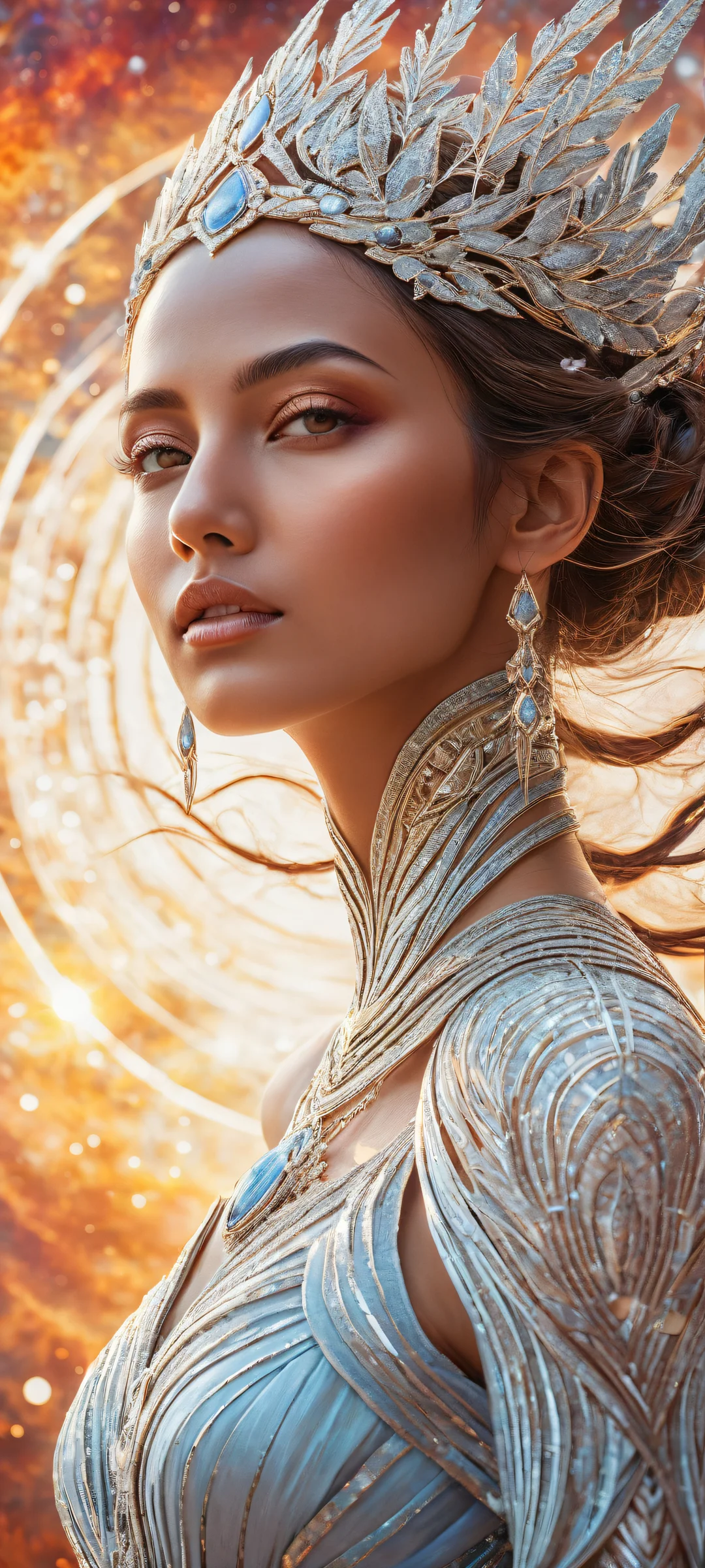 A stunning portrait of a solitary goddess surrounded by the intricate details of a distant galaxy, perfectly optimized for iPhone and Android home screens.
