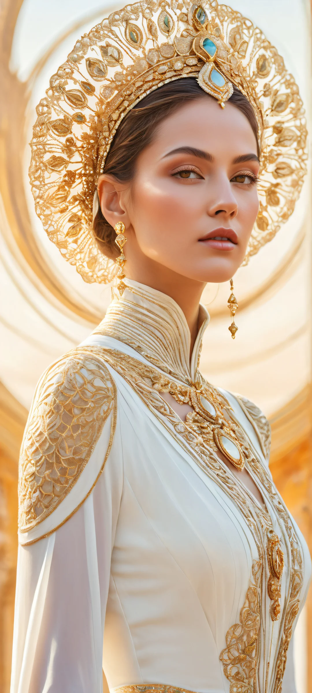 A stunning digital artwork featuring a beautiful woman dressed in white and gold, with her head transformed into a colorful gradient planet, iPhone/Androidのホーム画面に完全に最適化.