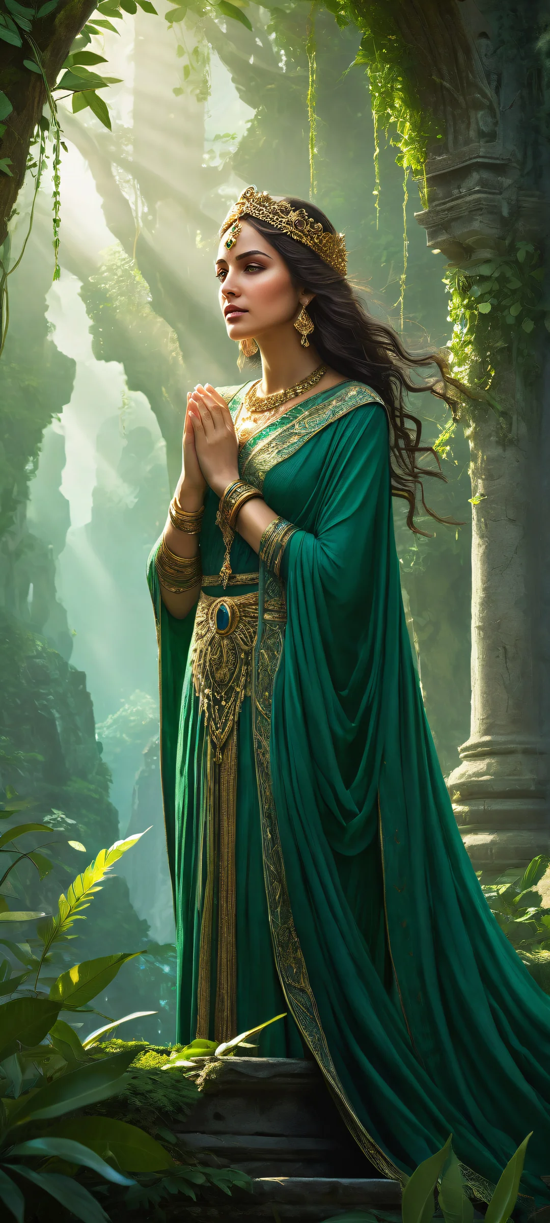 iPhone/Android wallpaper featuring an enchanting portrait of Ethereal Woman surrounded by mystical foliage and ancient artifacts, with a stunning void background.