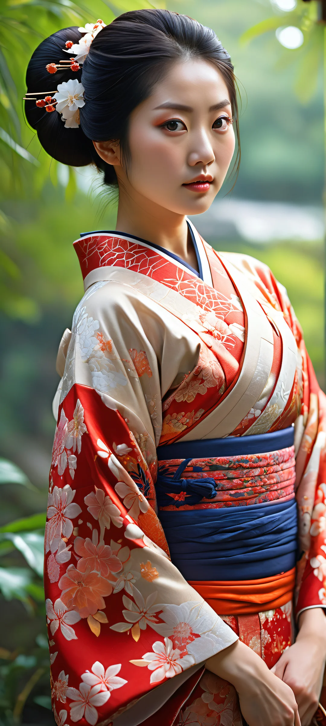 A stunning woman in a kimono stands against an Asian-inspired garden backdrop. Perfectly optimized for iPhone and Android home screens.