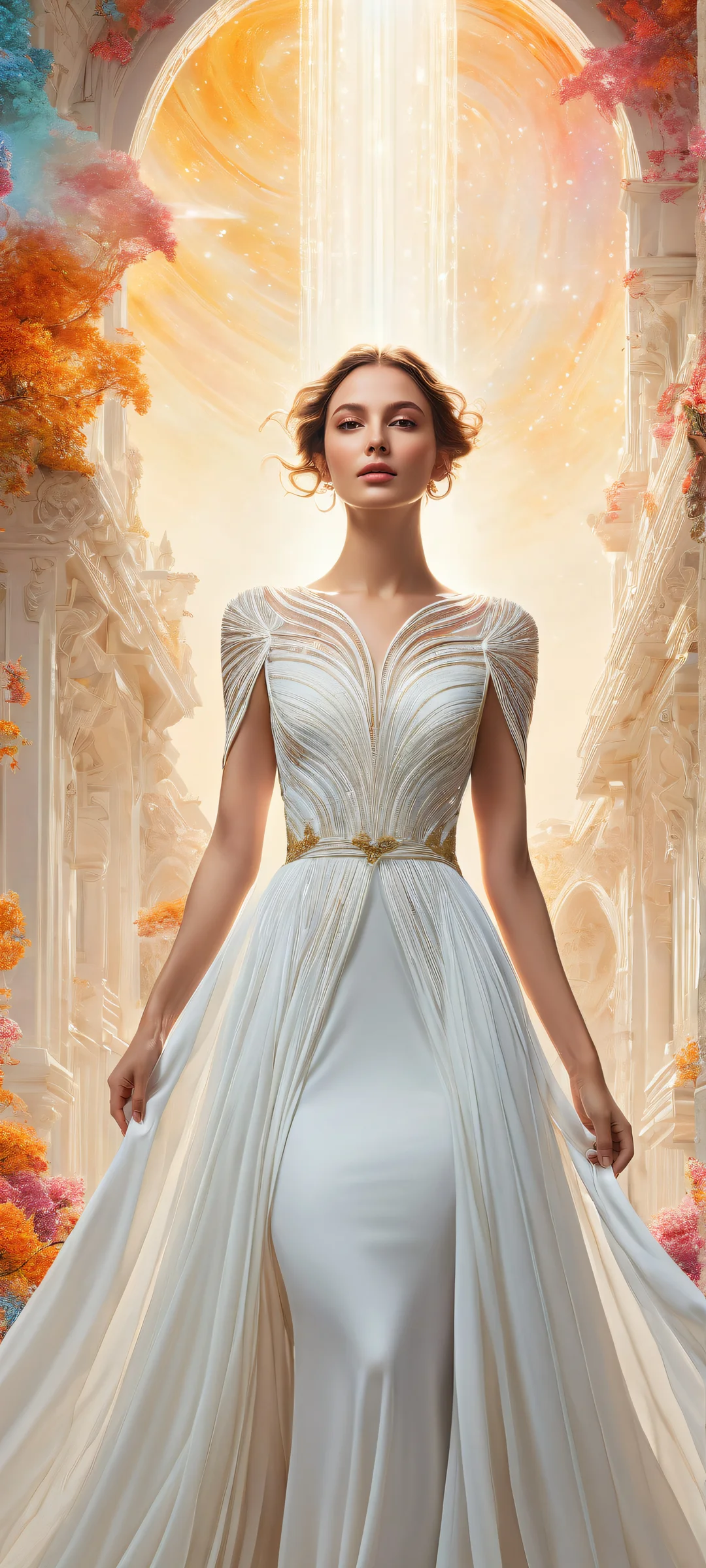 Portrait of a woman with a colorful planet head on iPhone/Android mobile phone wallpapers.