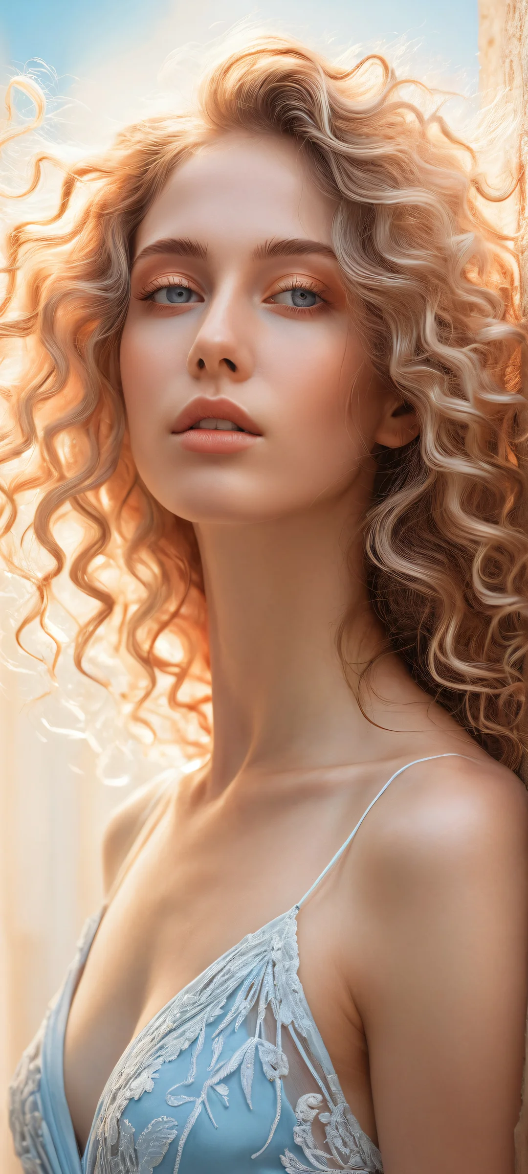 Ethereal Goddess 2K Phone Wallpaper A young woman with long hair and intricate curls on a calm background featuring soft peach, misty blue, and creamy white colors, perfect for iPhone or Android home screens.