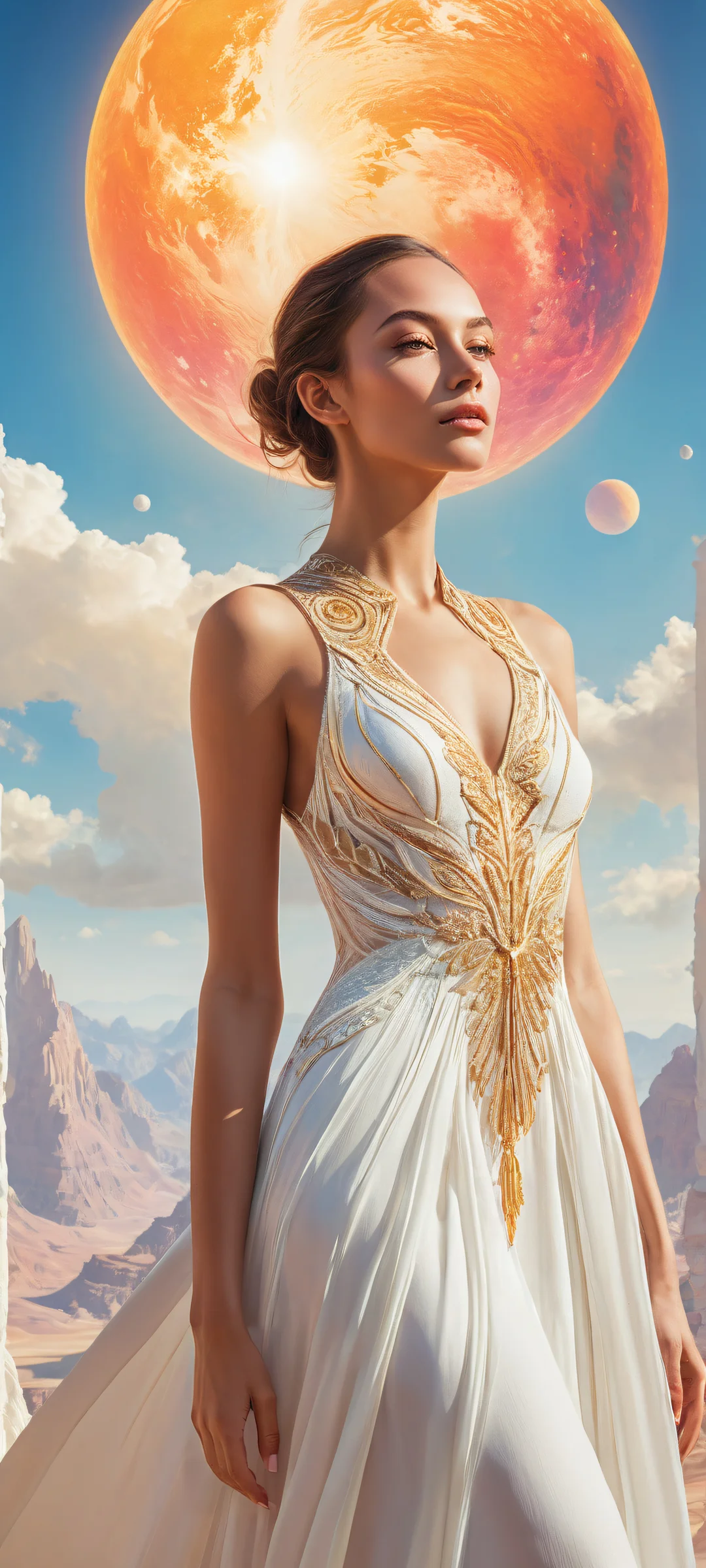 A stunning portrait of a woman with a planetary head, perfect for iPhone and Android screens.