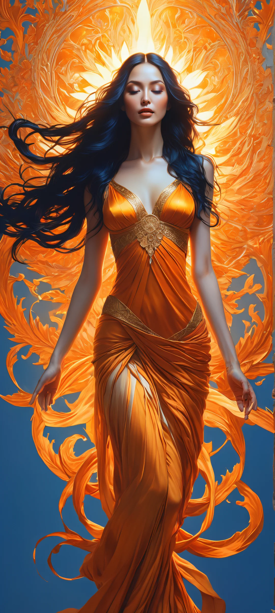 iPhone and Android compatible mobile wallpaper featuring an ethereal goddess with long black hair, set against a soft gradient blue background with a hint of orange.