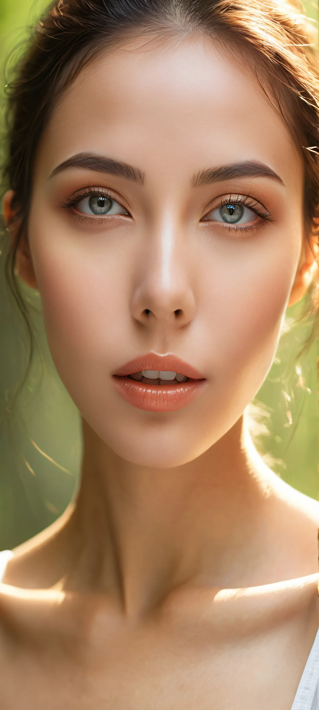 Pantalla de bloqueo de diosa etérea para iOS & AndroidePerfectamente optimizado para pantallas de inicio de iPhone/Android. Stunning female portrait with intricate micro-details on eyes and lips, placed in the lower-middle against a mystical forest background, perfectly optimized for iPhone/Android home screens.