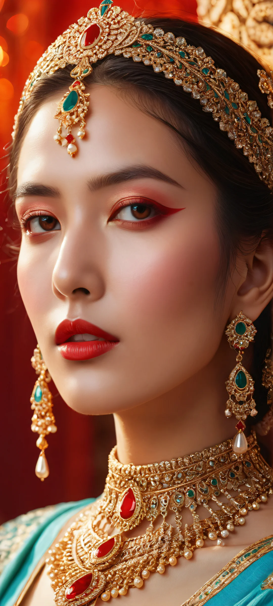 Original female character with mystical jewelry and accessories on a clean red background, iPhone/Androidのホーム画面に完全に最適化.