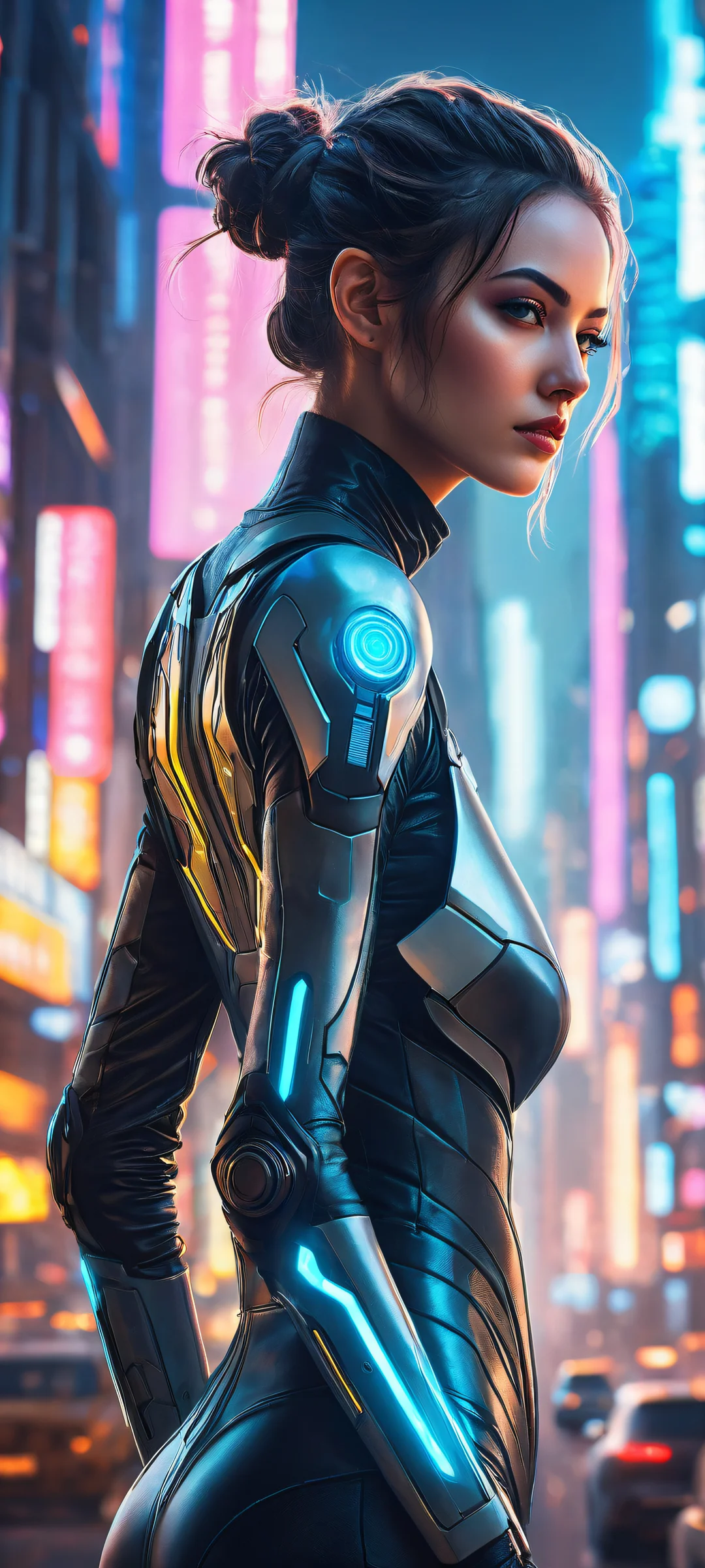 Beautiful cyberpunk girl with futuristic gadgets and attire on a neon-lit cityscape, perfect for iPhone/Android home screens.