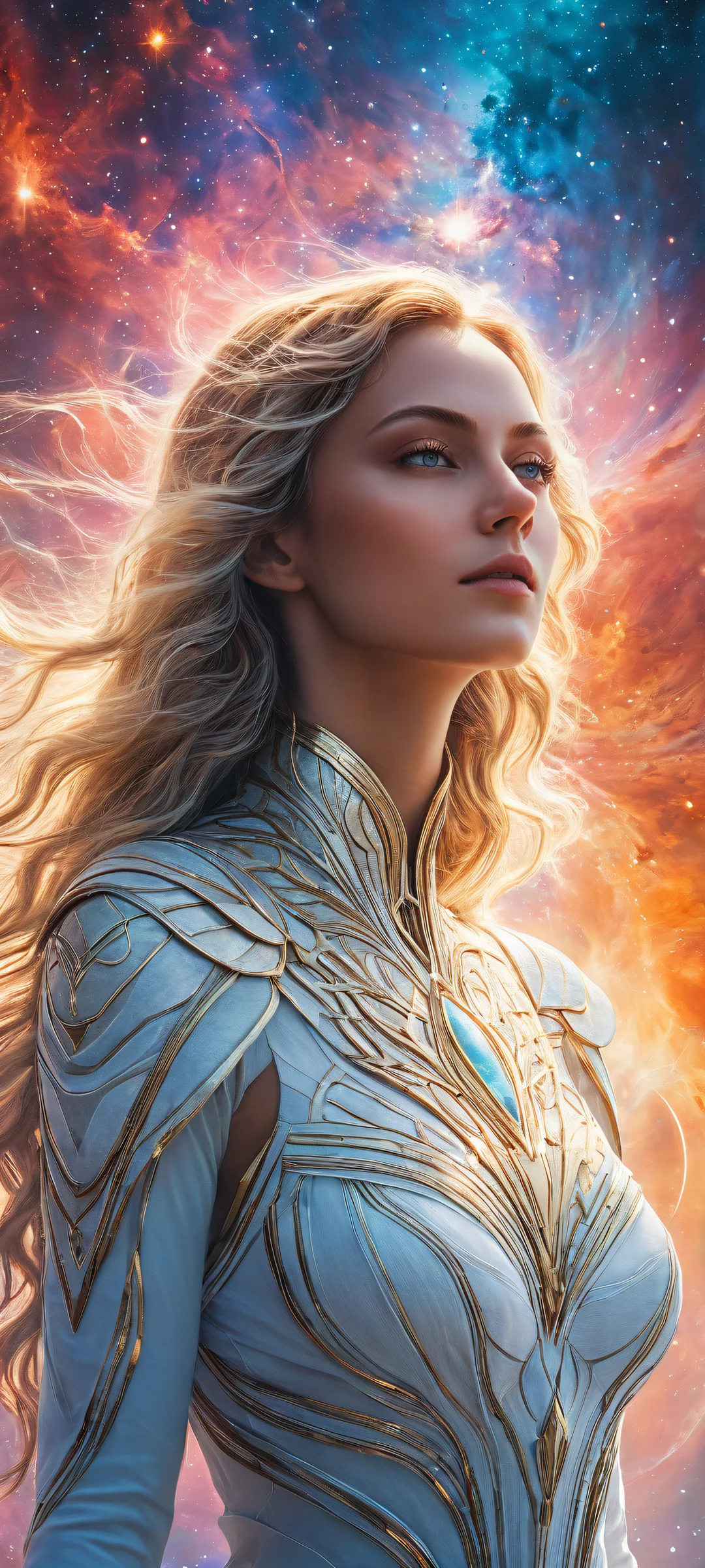 A lone iPhone/Android goddess portrait amidst swirling galaxies and nebulas, with radiant colors and ray traced reflections.