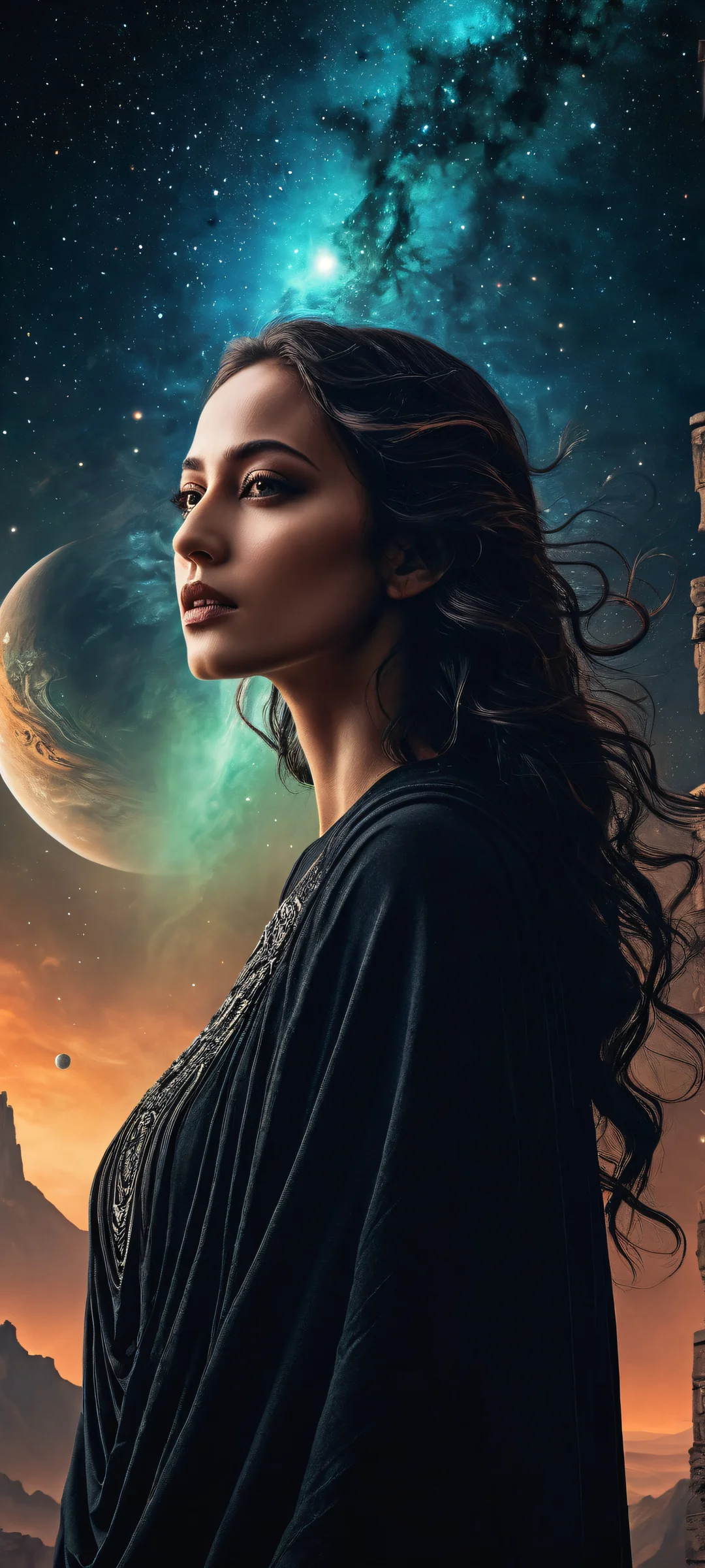 Vertical portrait artwork of a lone goddess on a distant planet's surface for iPhone/Android