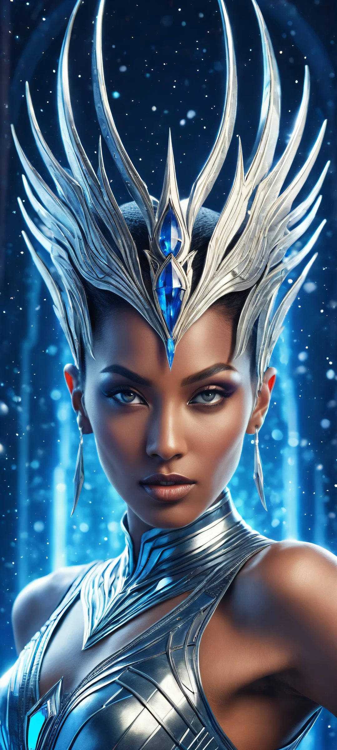 A breathtaking portrait artwork of Eve from Stellar Blade on a pure void background, perfectly optimized for iPhone and Android home screens.