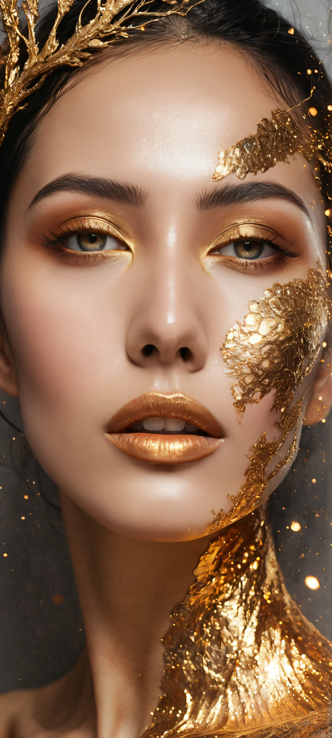 A stunning vertical portrait of a woman with intricate micro-details on her skin and eyes reflecting distant galaxies, perfectly optimized for iPhone, Samsung Galaxy, and Android home screens.