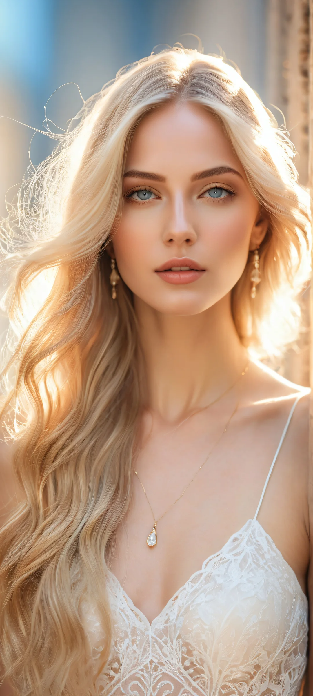 Ethereal Goddess 2K QHD Mobile Wallpaper Beautiful vertical portrait of a woman with long blonde hair on iPhone/Android