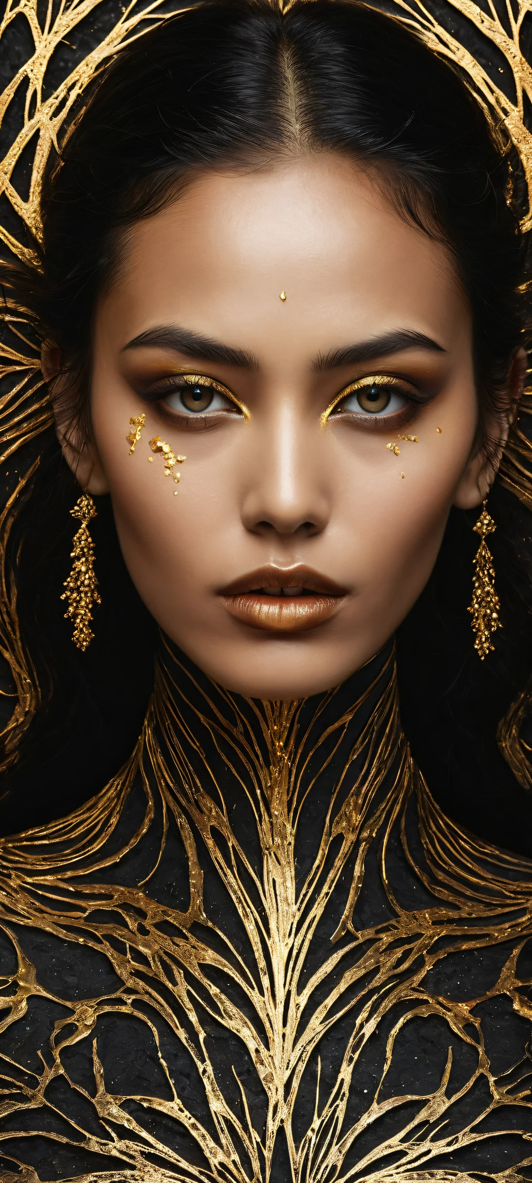 A stunning portrait of a woman with intricately detailed skin featuring glowing molten gold and polished obsidian, perfekt für iPhone/Android-Startbildschirme.