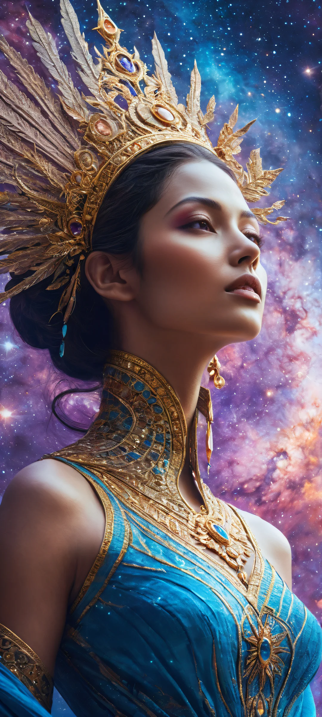 A stunning portrait of a lone goddess surrounded by celestial maps and cosmic dust on an iPhone or Android device, ホーム画面に完全に最適化.
