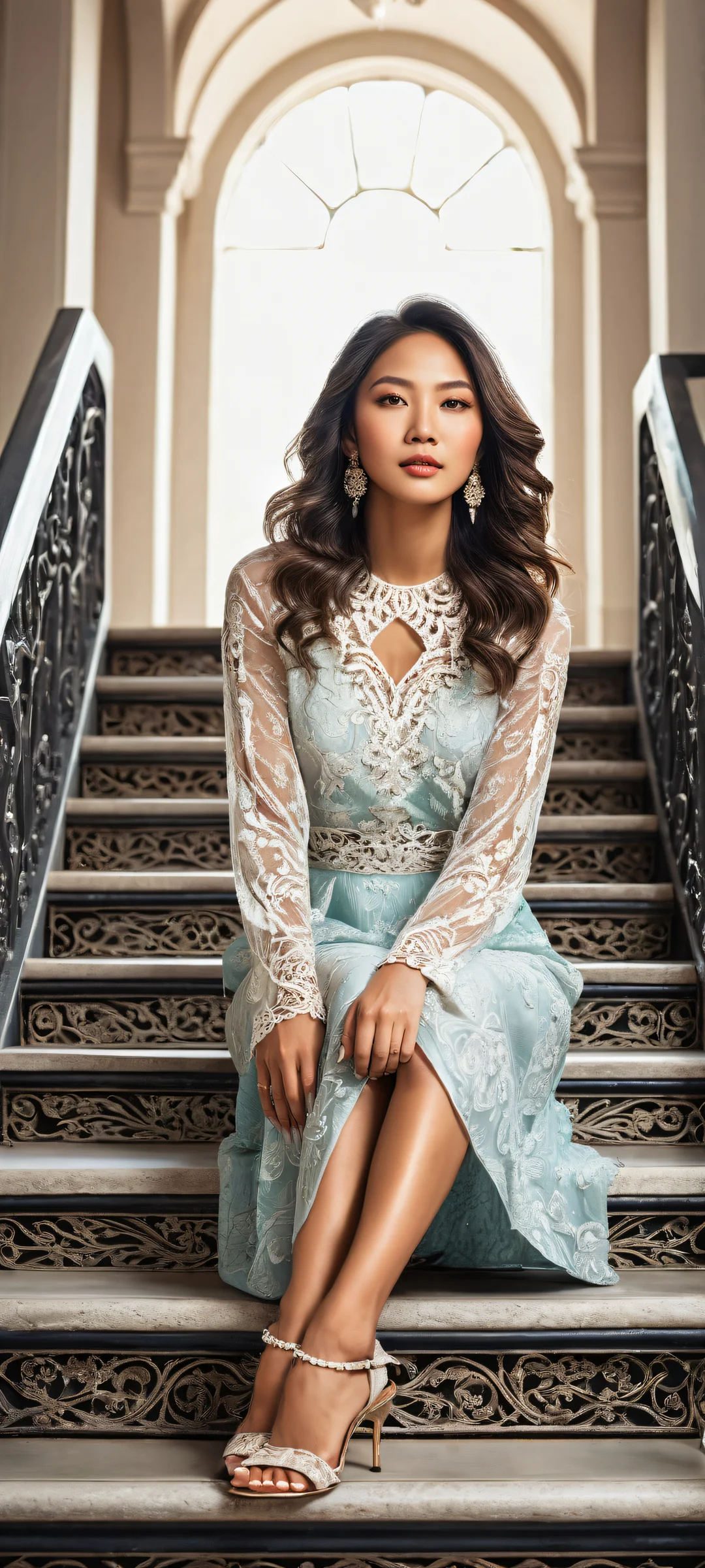 Stunning Asian woman with intricate details on her heels and iron railing in a breathtaking digital art portrait, perfectly optimized for iPhone/Android home screens.