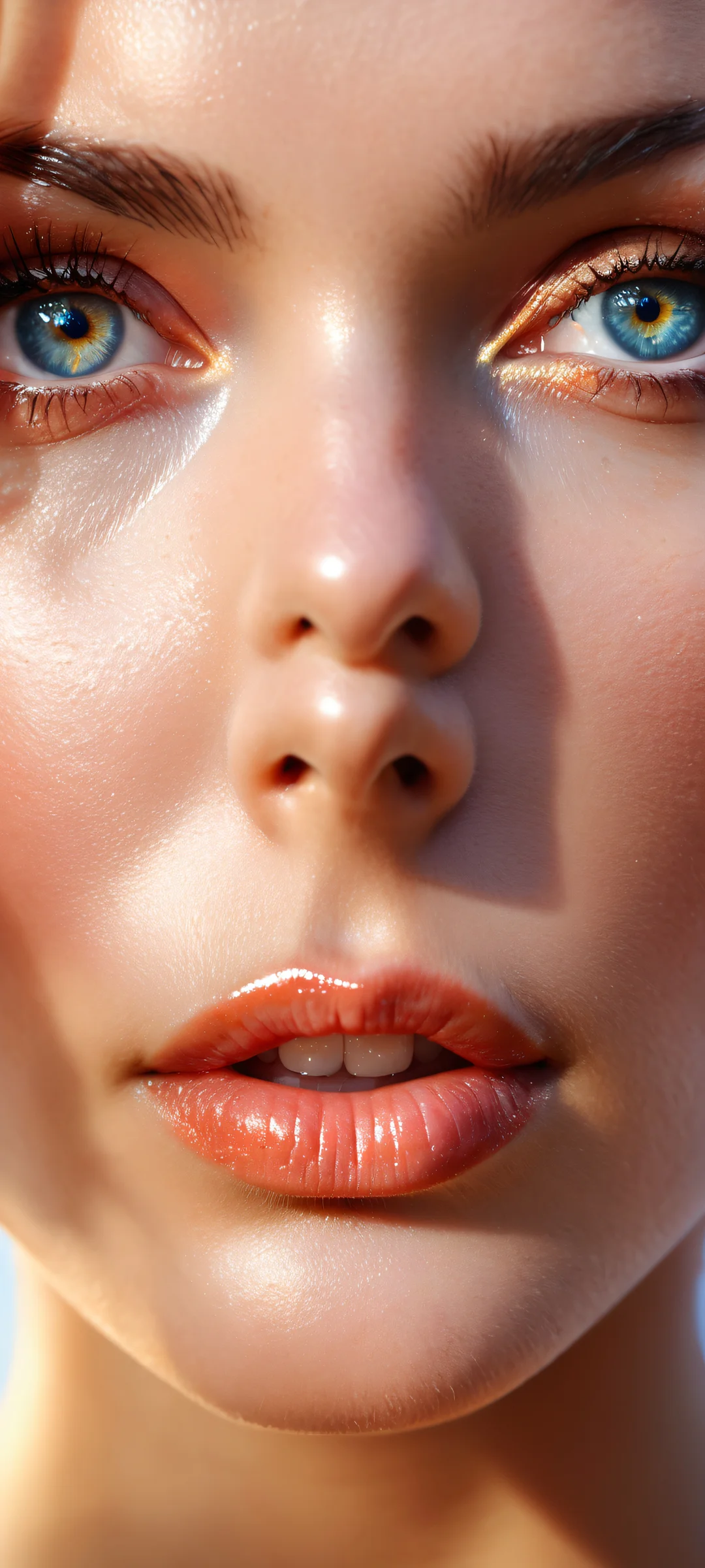 A stunning female face on a pure void background with insane micro-details and radiant colors for iPhone/Android.