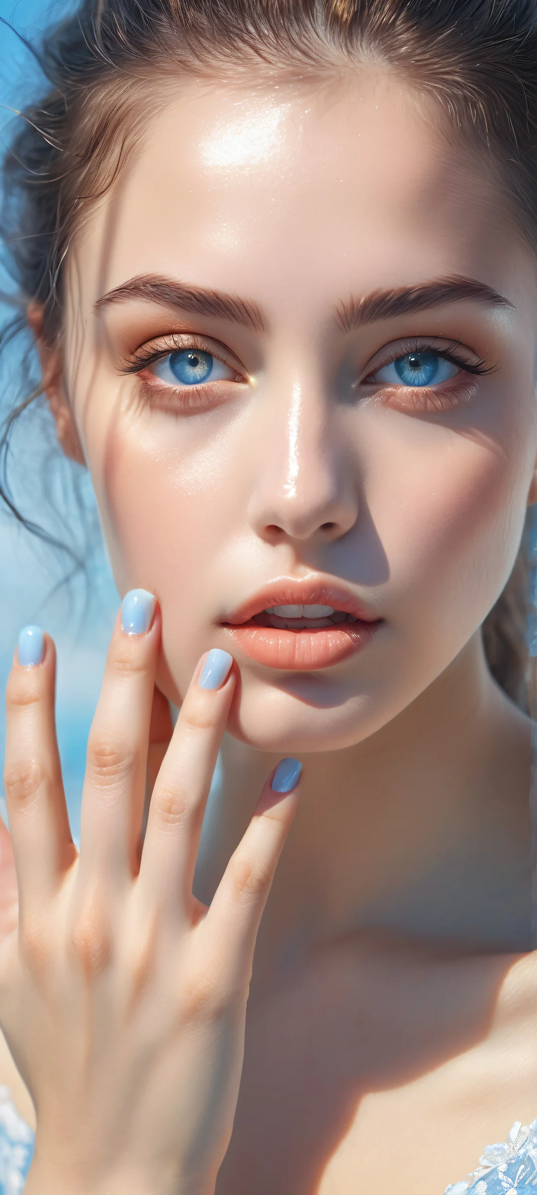 Beautiful portrait of a girl on a pure void background with soft blue hues and intricate details, parfaitement optimisé pour les écrans d'accueil iPhone et Android.