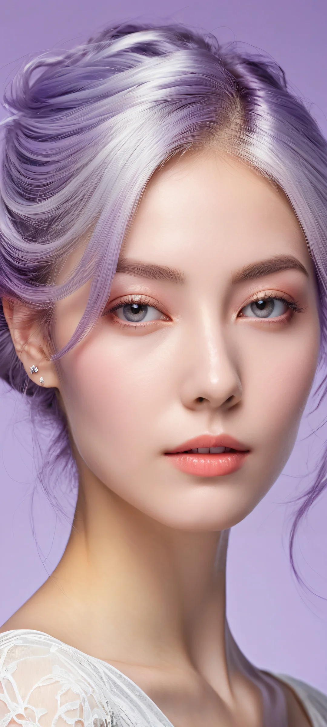 Ethereal Goddess iPhone & Fond d'écran Android A stunning vertical portrait of a young woman with intricate details on her hair, set against a clean and empty top half perfect for UI widgets. Optimized for iPhone and Android home screens.