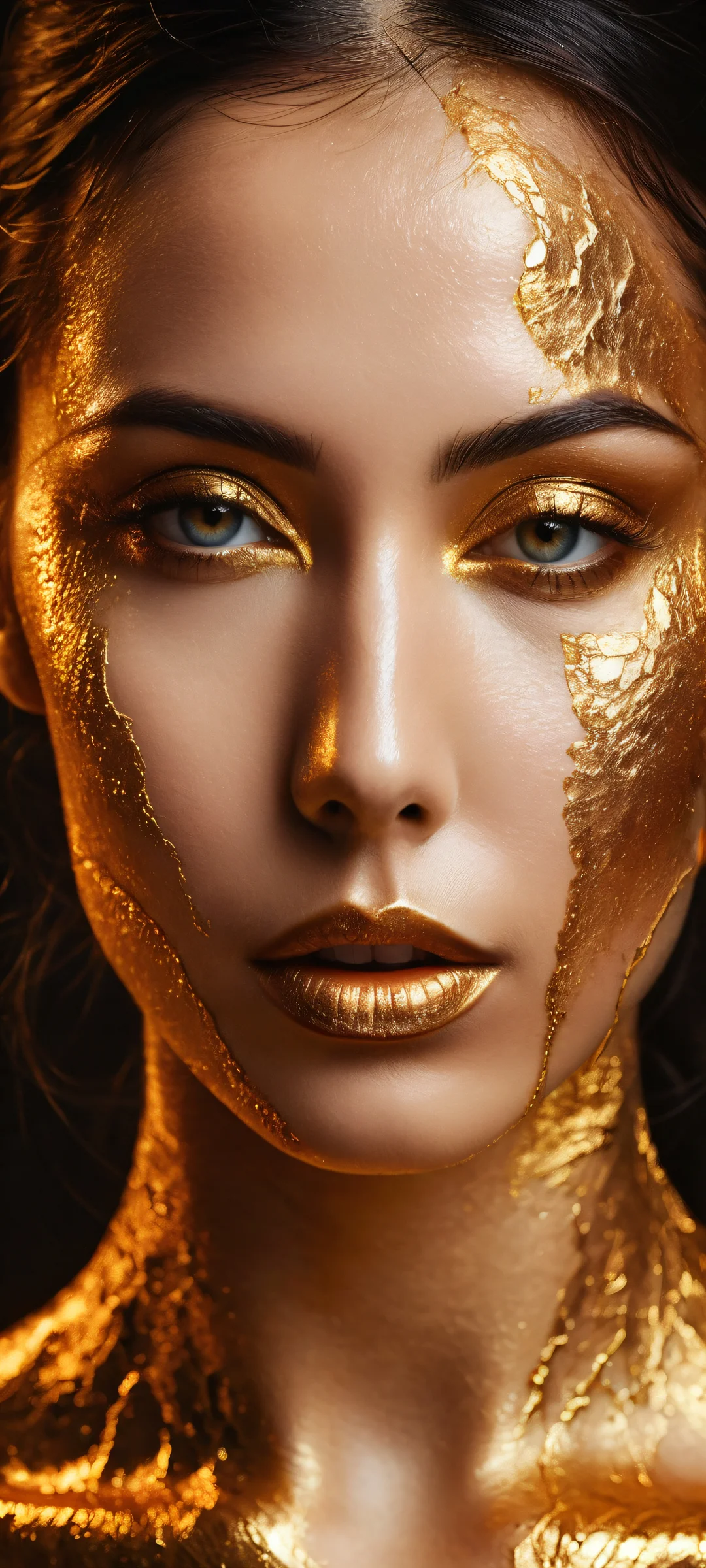 A woman surrounded by glowing molten gold cracks on her face, set against a dark background. Perfect for iPhone and Android home screens.