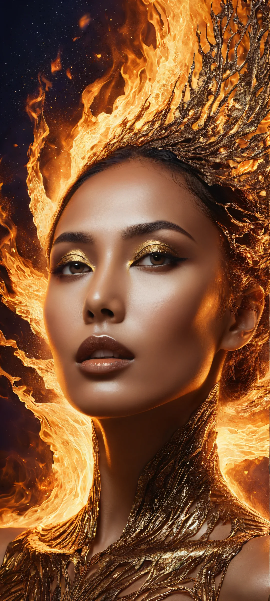 A woman's portrait with intricate skin details and glowing molten gold on iPhone/Android home screens.