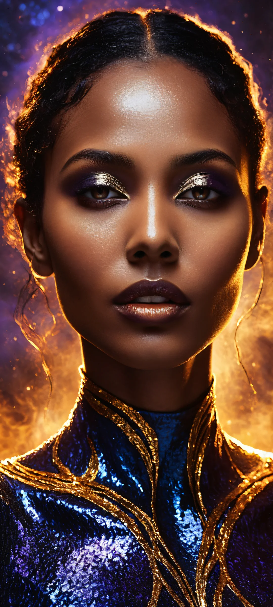 A stunning portrait of a woman with obsidian skin and molten gold veins, set against a vast galaxy background, perfectly optimized for iPhone and Android home screens.