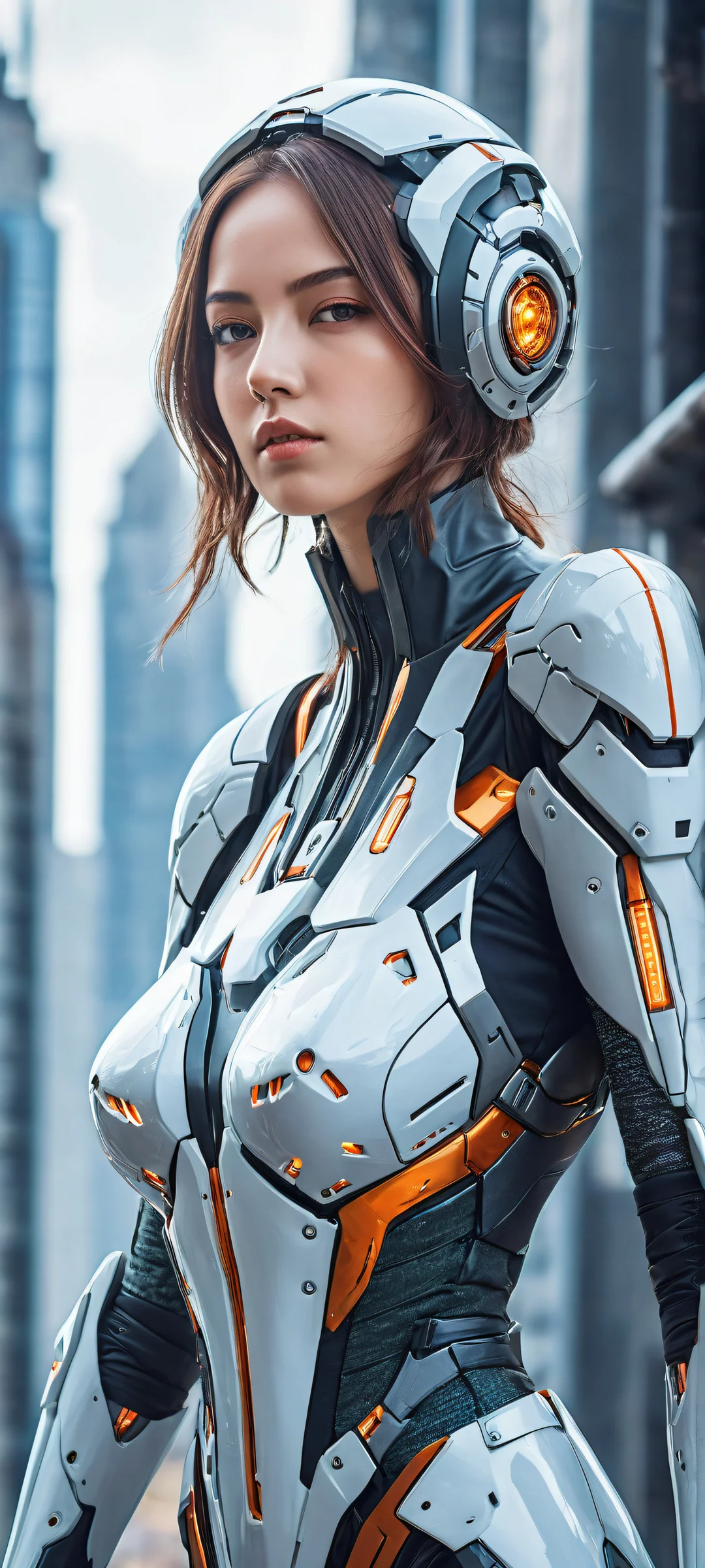 An anime girl stands proudly in her mecha suit, set against a futuristic cityscape or factory floor. iPhone/Android.