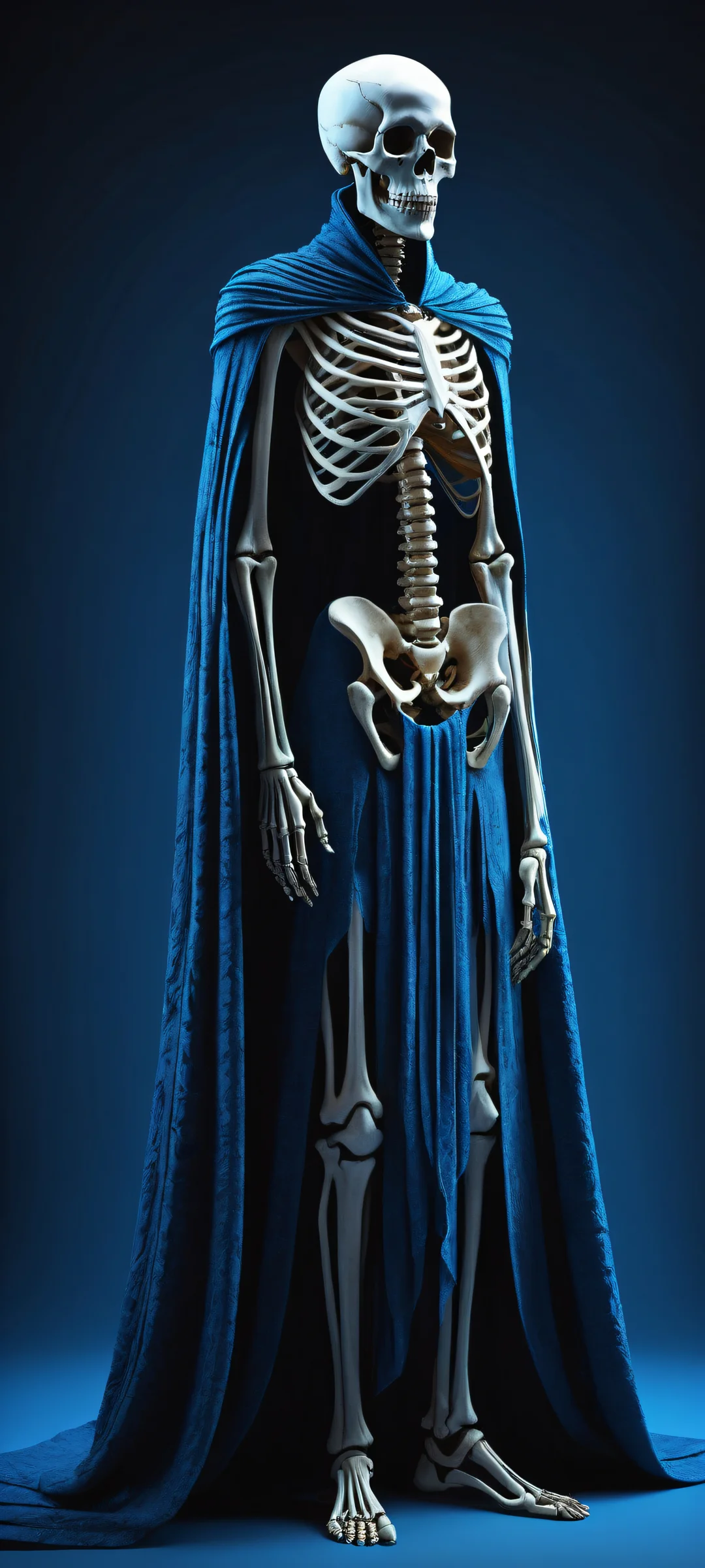 A low-poly skeletal humanoid figure stands against a bright blue background on iPhone/Android
