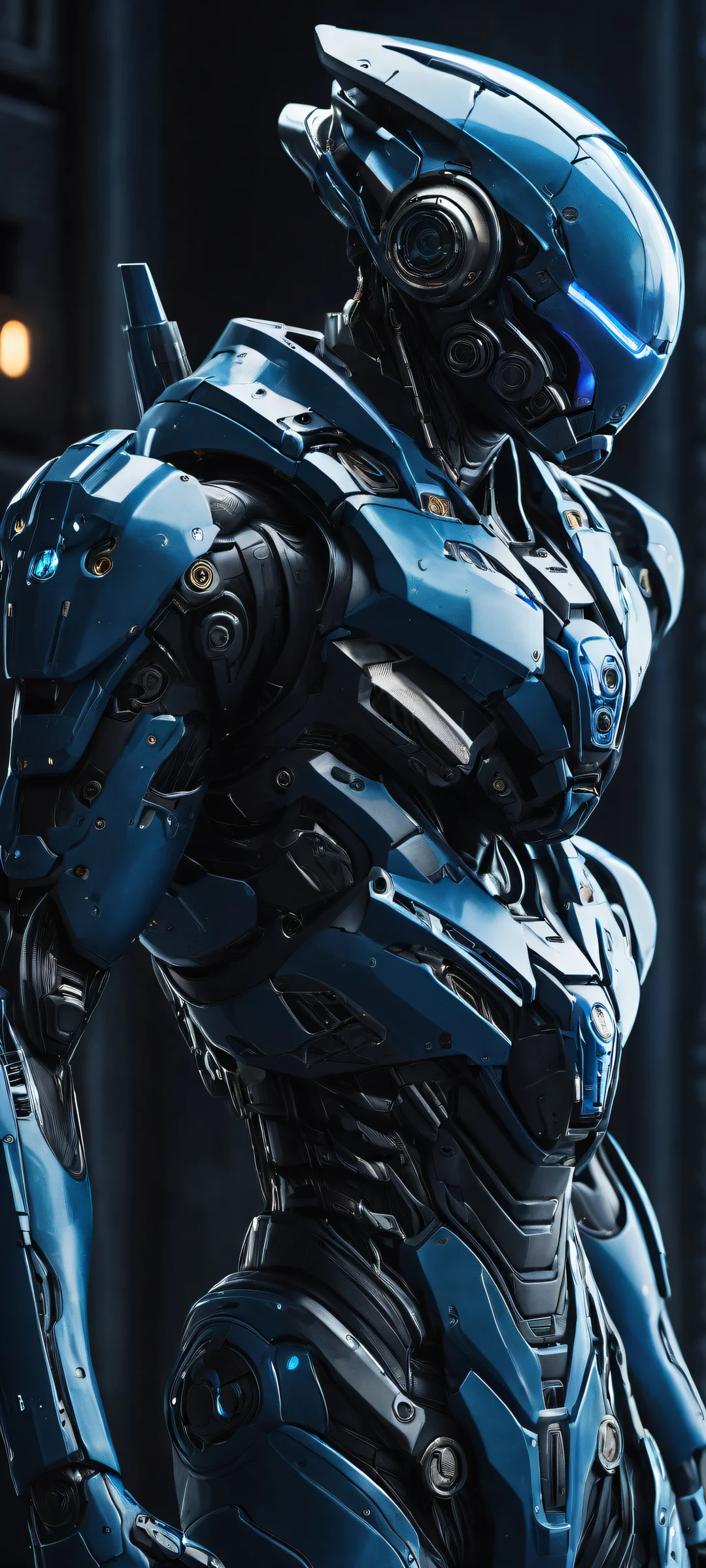 A stunning portrait of a delicate mech suit against a pure void background, parfaitement optimisé pour les écrans d'accueil iPhone/Android.