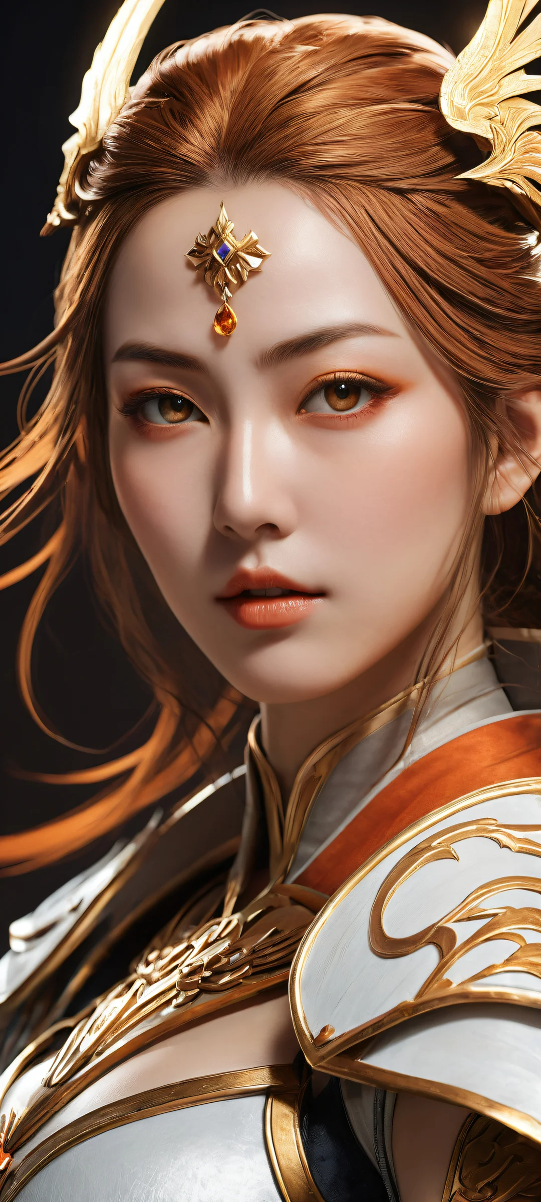 Ethereal Guardian of Twilight iPhone & サムスン QHD 壁紙iPhone/Androidのホーム画面に最適 A lone heroine stands strong in a void of darkness, illuminated by warm golden light on her armor and profile. Perfect for iPhone/Android home screens.