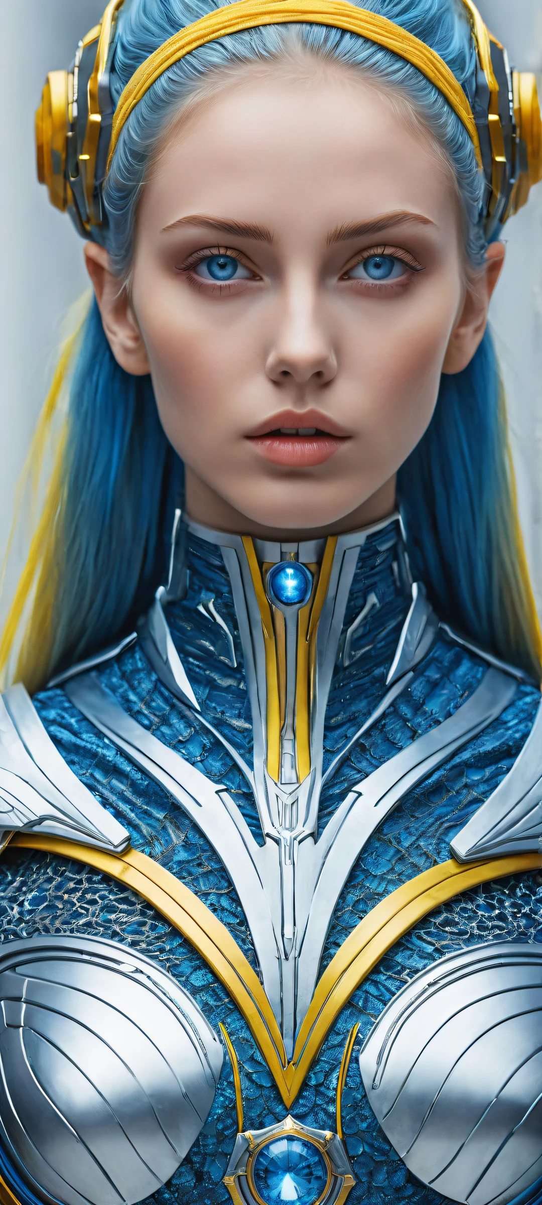 A futuristic warrior with mesmerizing blue eyes and hair, set against a pure void, perfect for iPhone/Android home screens.