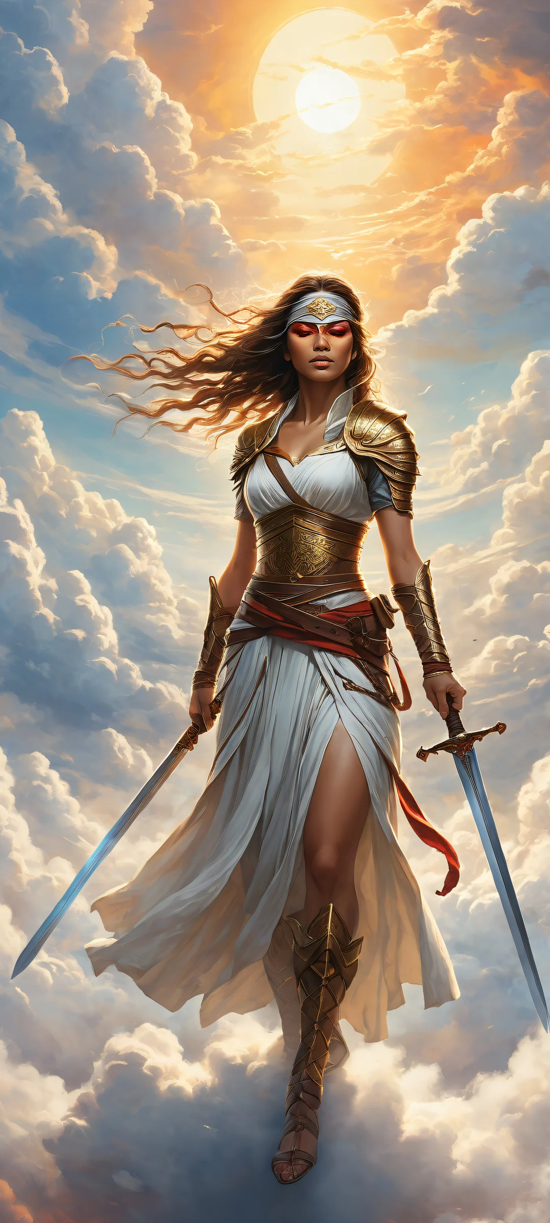 A majestic warrior woman wielding a sword on a serene sky with fluffy white clouds, perfectly optimized for iPhone and Android home screens.