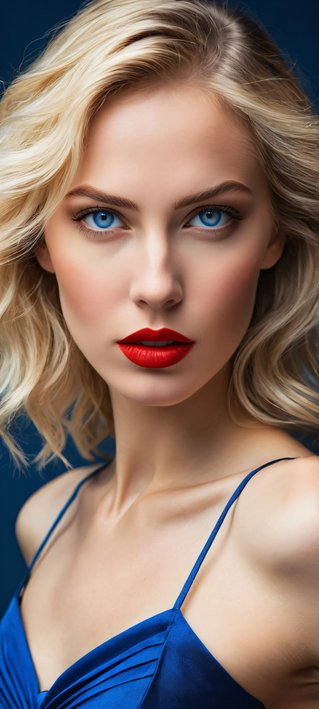 Beautiful vertical portrait of a stunning blonde superheroine on iPhone/Android mobile wallpaper, with intense focus on her bright blue eyes and bold red lipstick.