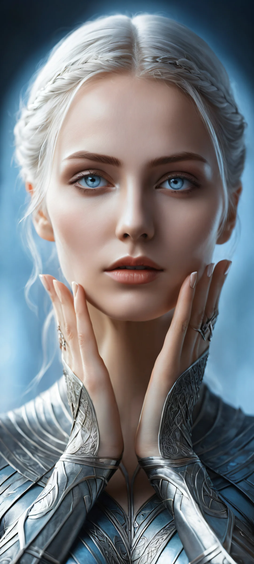 A mysterious woman with dark leather armor and glowing runes on her hands, perfekt optimiert für iPhone/Android-Startbildschirme.