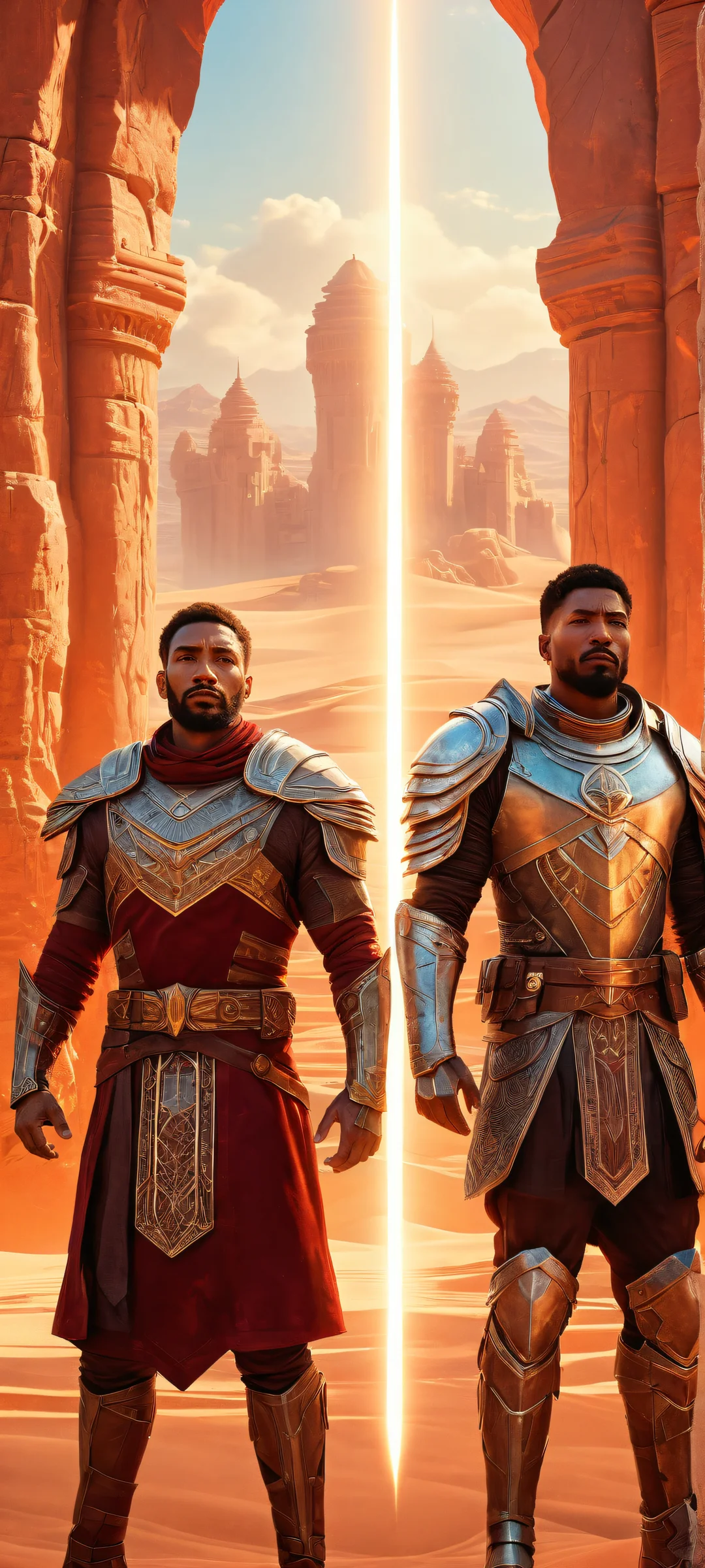 Two men standing in a breathtaking vertical portrait, with intricate armor designs and ethereal lighting. Perfect for iPhone/Android home screens.