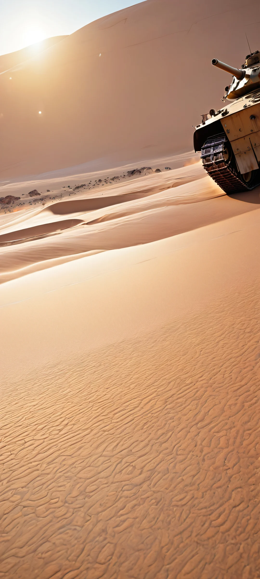 Breathtaking vertical portrait artwork of a tank placed in the lower-middle on an iPhone/Android phone or tablet, with intricate micro-details and a vast pure void.