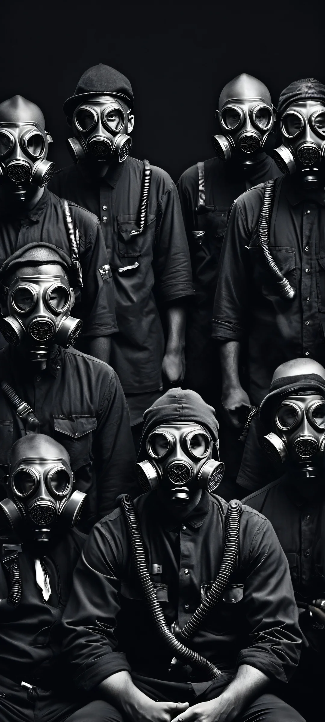 iPhone/Android users will appreciate the stunning visual impact of this breathtaking digital artwork featuring a group of men in gas masks, ホーム画面に完全に最適化.