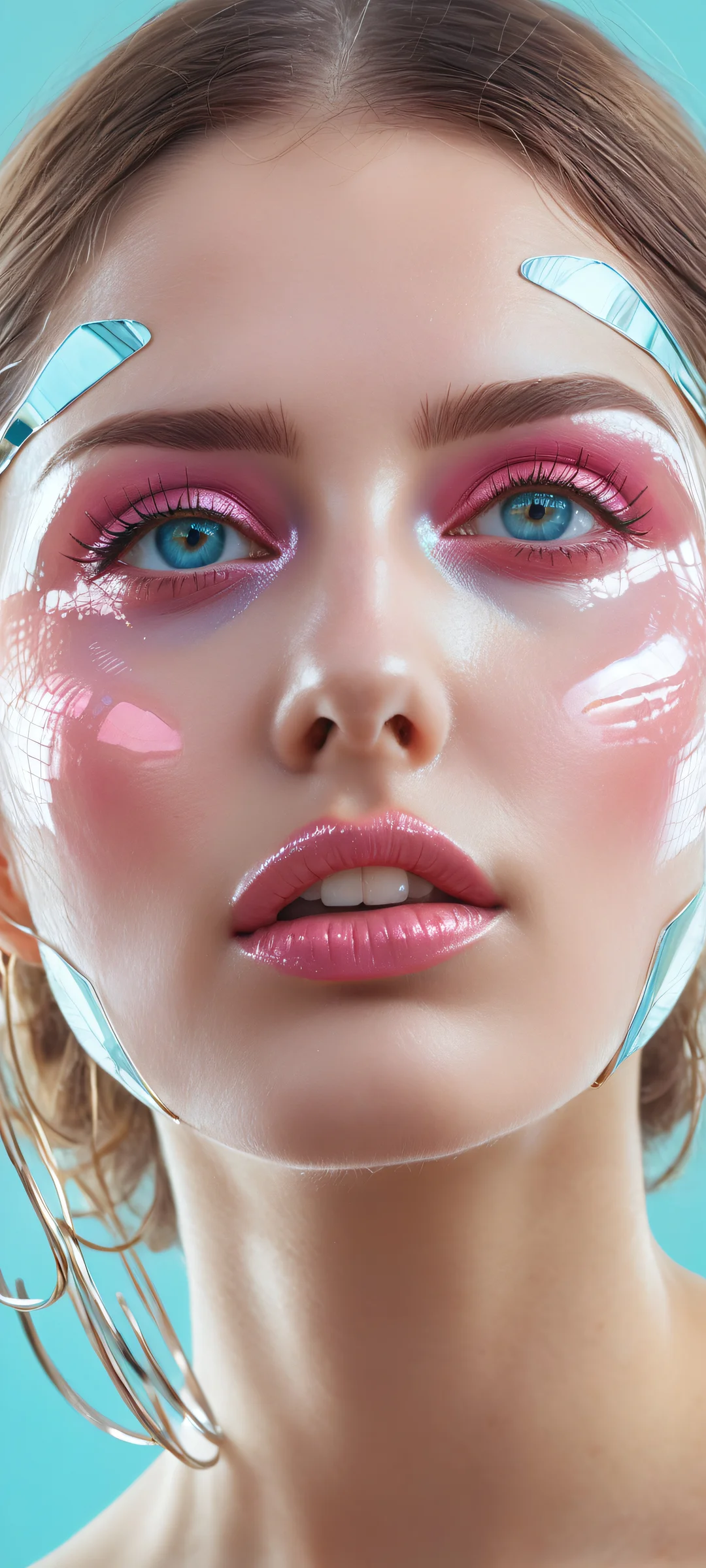 iPhone and Android mobile wallpaper featuring a surreal portrait of a woman with metallic rings orbiting her head like a halo, against a clean and empty background.